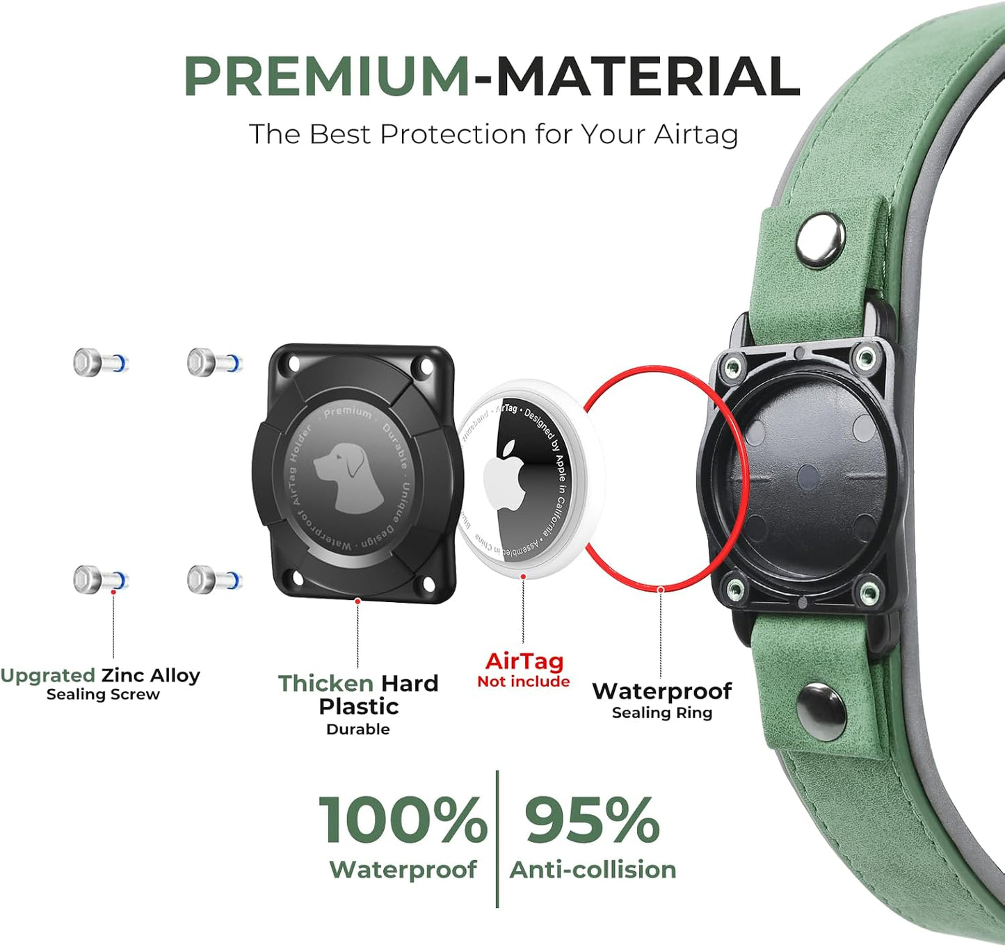 Collar perro AirTag cuero impermeable GPS duradero verde