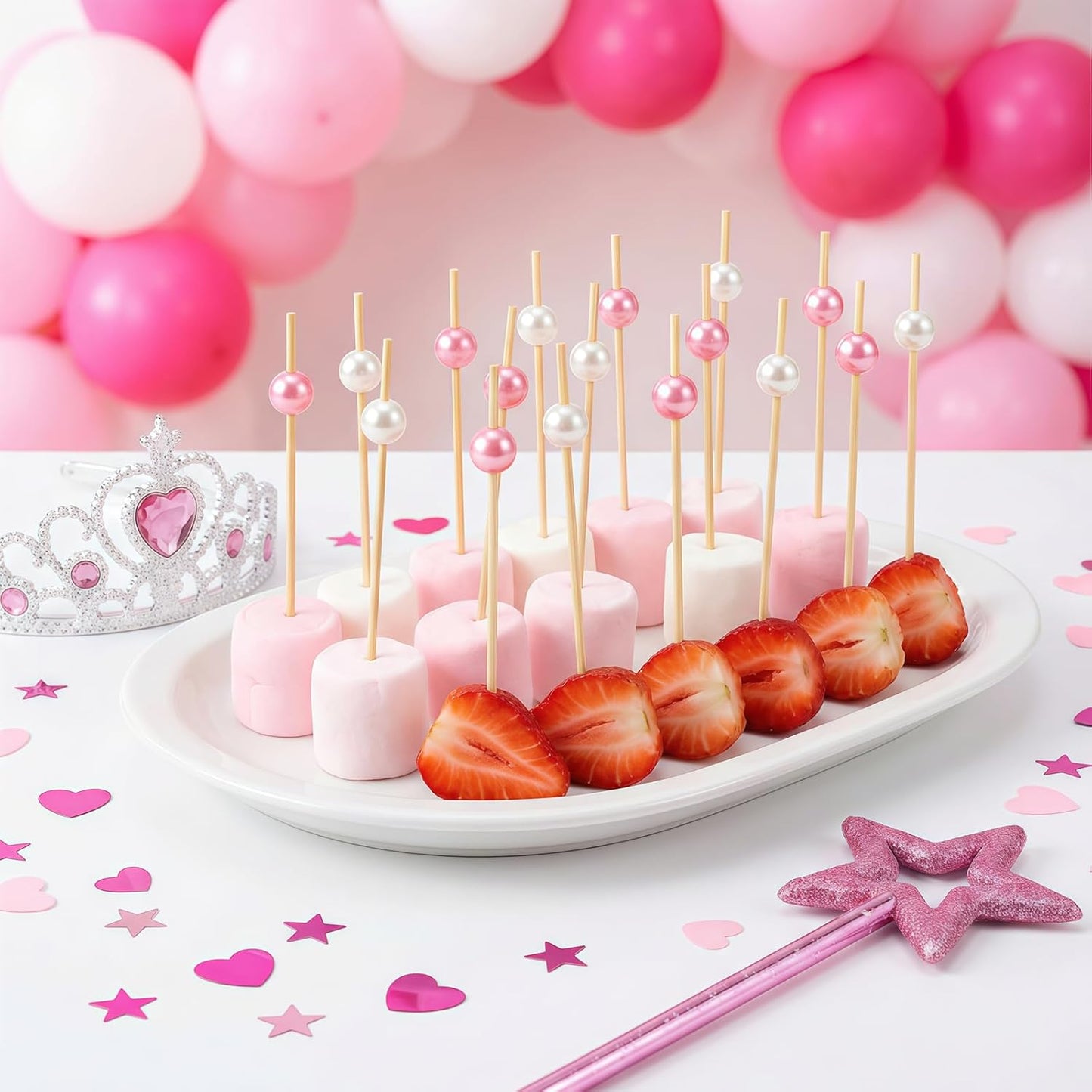 120 Palillos Cóctel Rosa y Blanco Bambú 4.7pulg Elegantes
