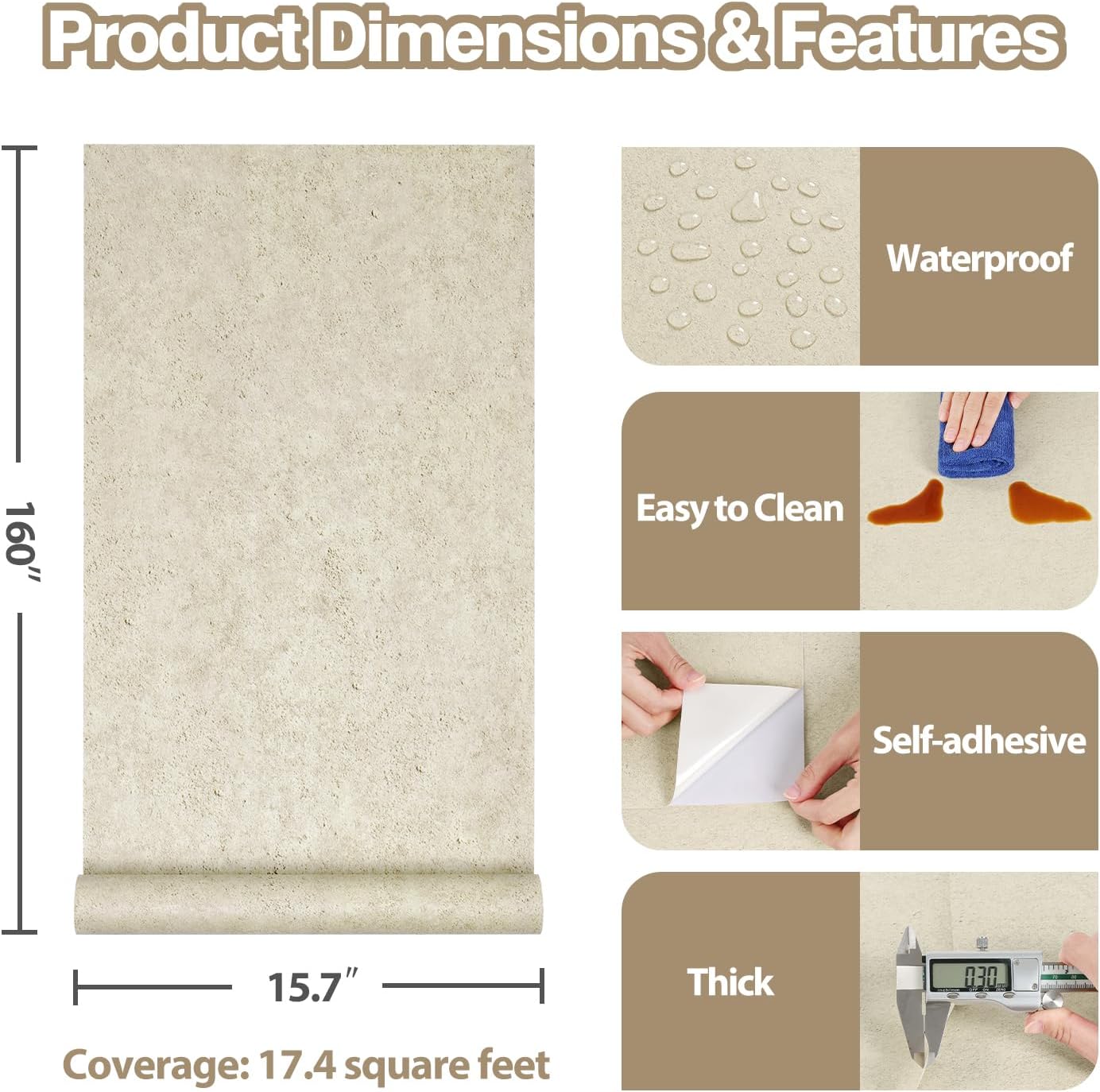Papel tapiz hormigón beige autoadhesivo 15.7x160pulg impermeable