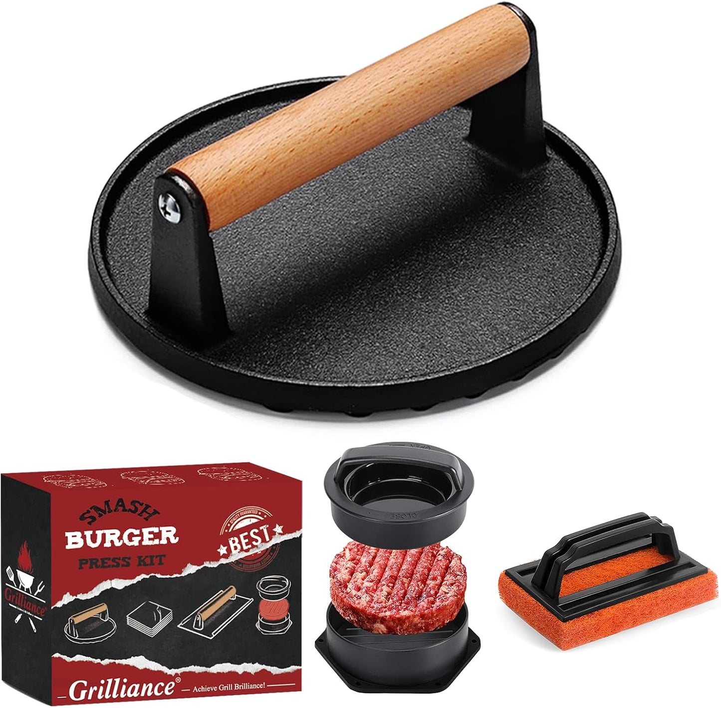 Kit prensa hamburguesas 3en1 hierro fundido negro