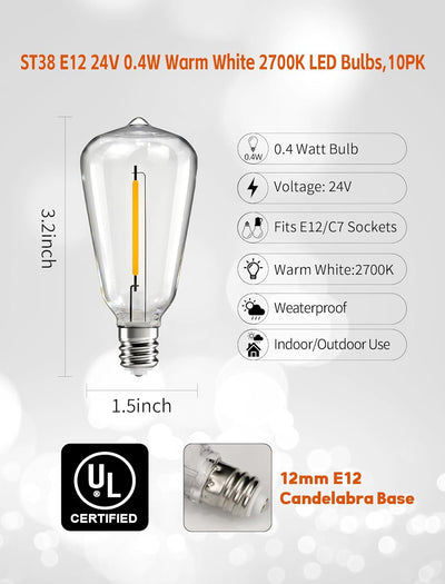 Pack 10 Bombillas LED ST38 24V Base E12 Impermeable IP65