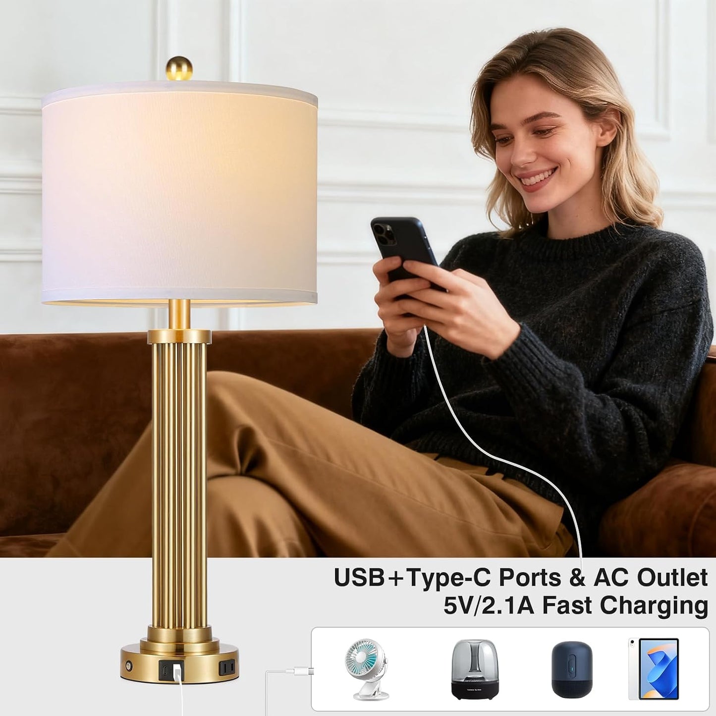2 Lámparas Mesa Modernas 28pulg USB CA 3 Vías Doradas