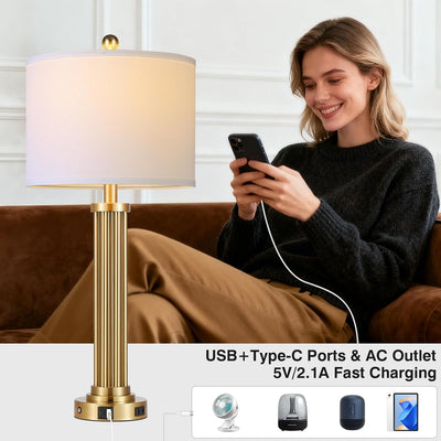 2 Lámparas Mesa Modernas 28pulg USB CA 3 Vías Doradas