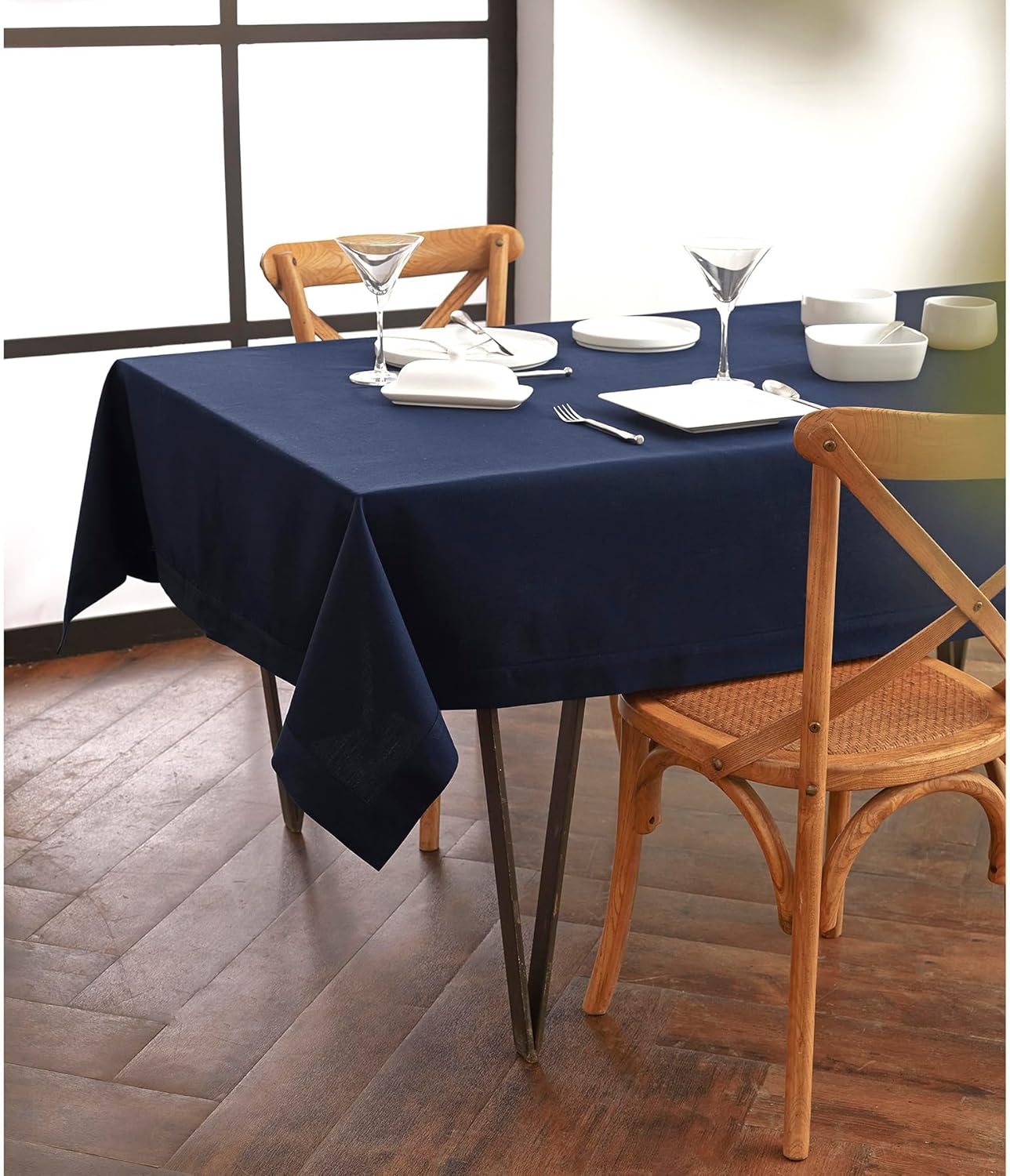 Mantel rectangular lino algodón lavable 60x132pulg azul marino