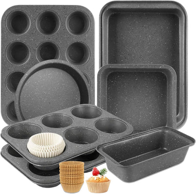 Juego de 9 piezas de horno de granate con 7 sartenes antiadherentes de acero al carbono y moldes para magdalenas