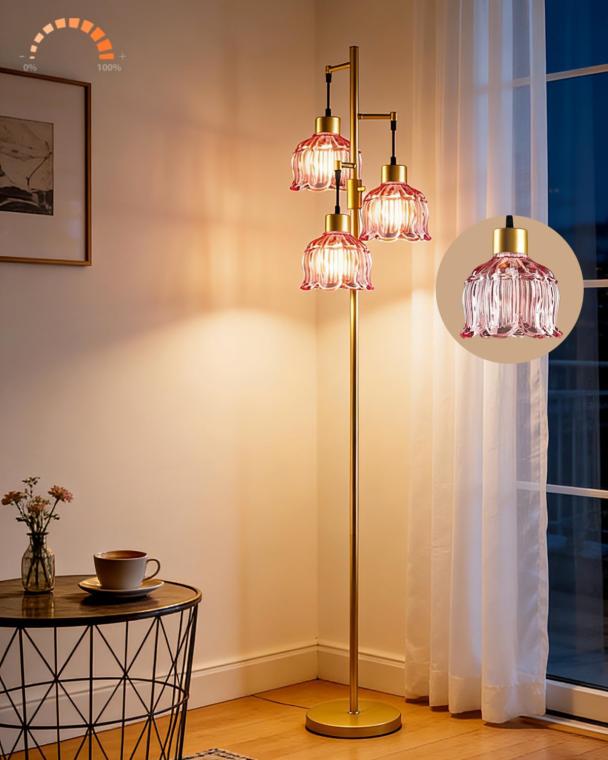 Lámpara pie 3 luces 65pulg pantalla cristal rosa E12 incluidas