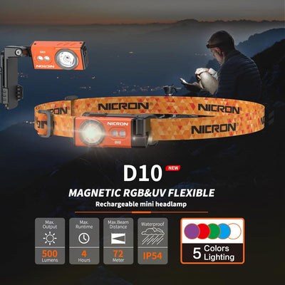Linterna recargable D10 500lm naranja con luz RGB UV