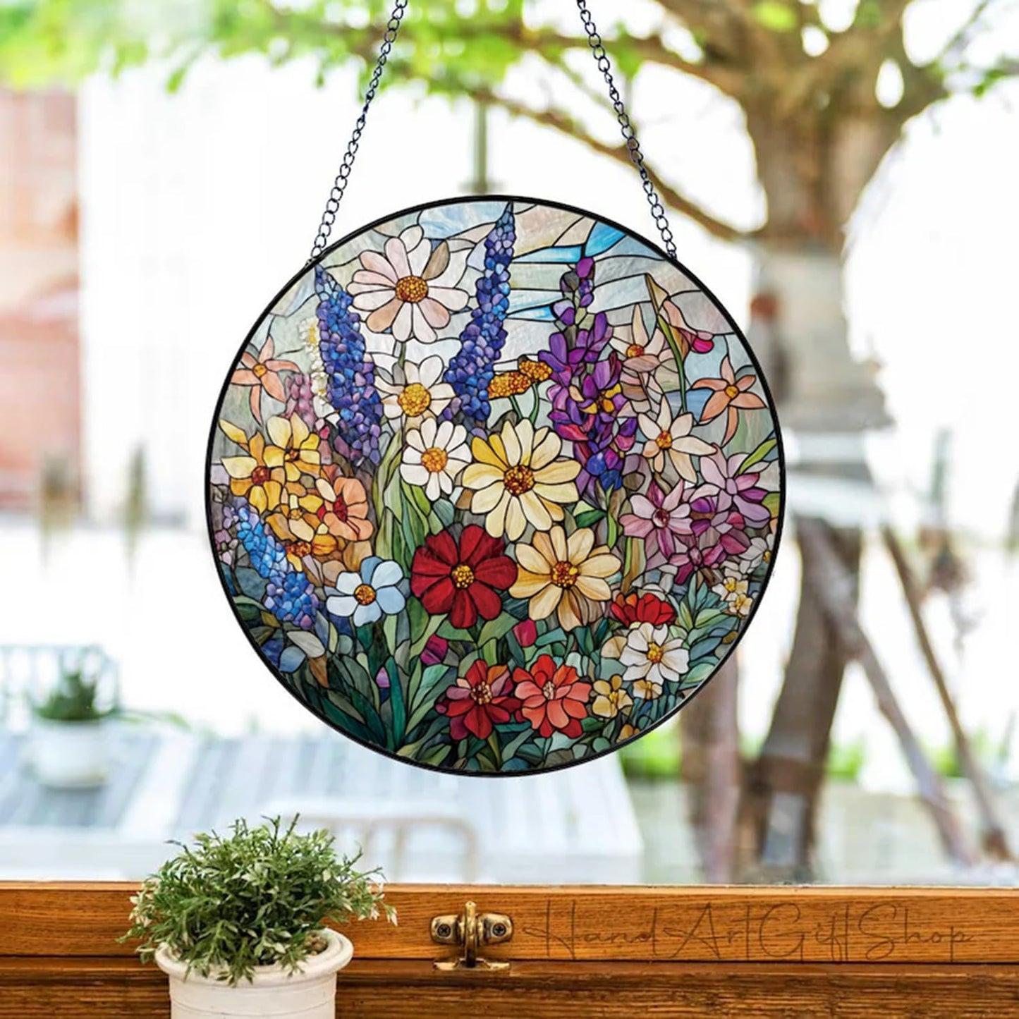 Atrapasoles flores vidrio manchado 20cm decoración jardín