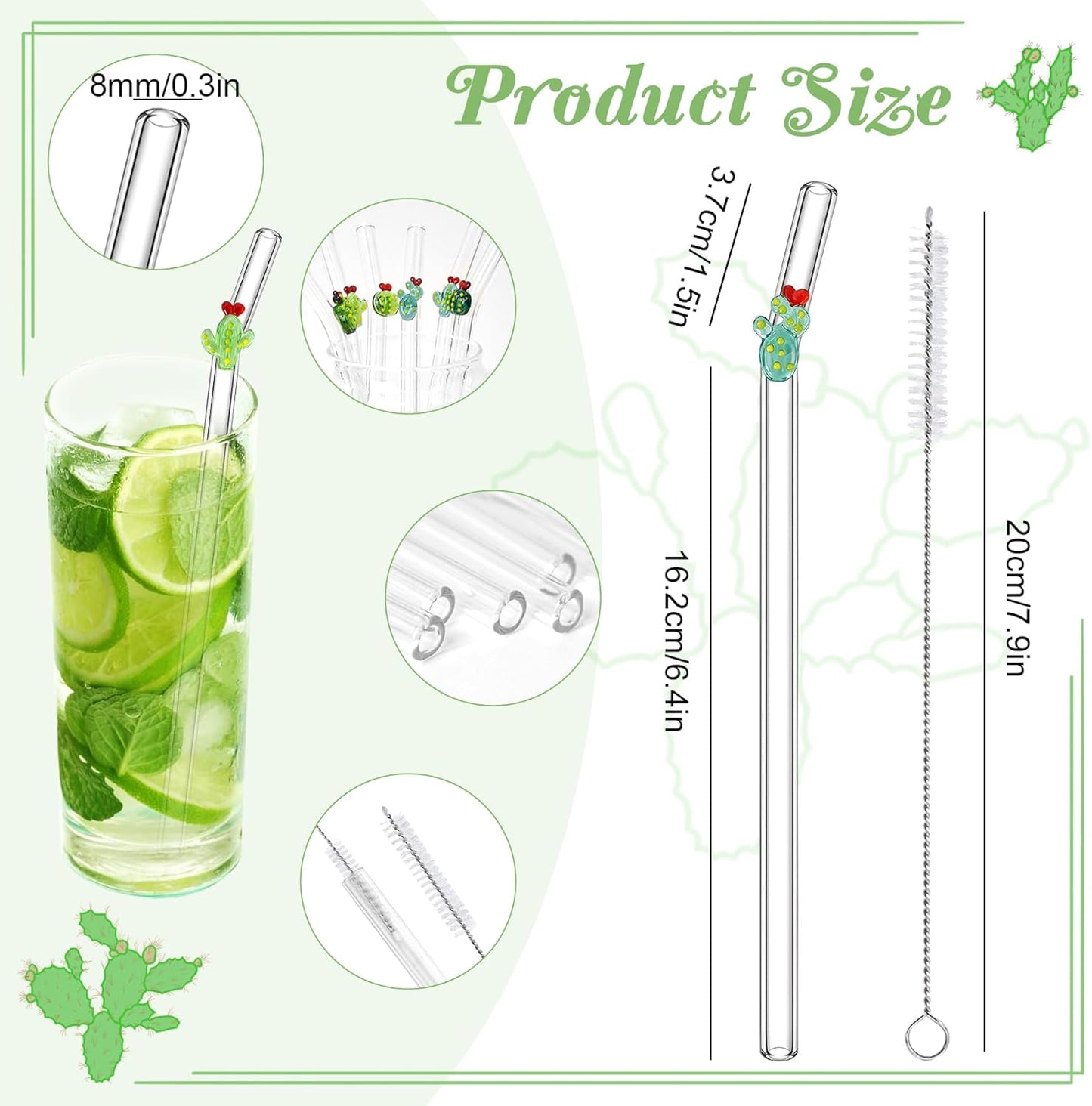 6 Pajas Vidrio Reutilizables Cactus Colorido 7.9pulg con Cepillos