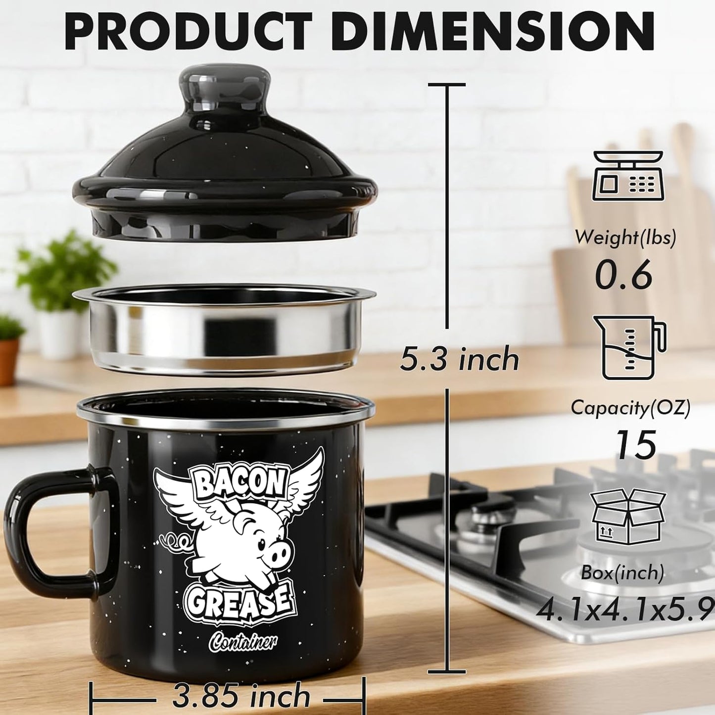 Recipiente de grasa de tocino con colador de 15 oz negro