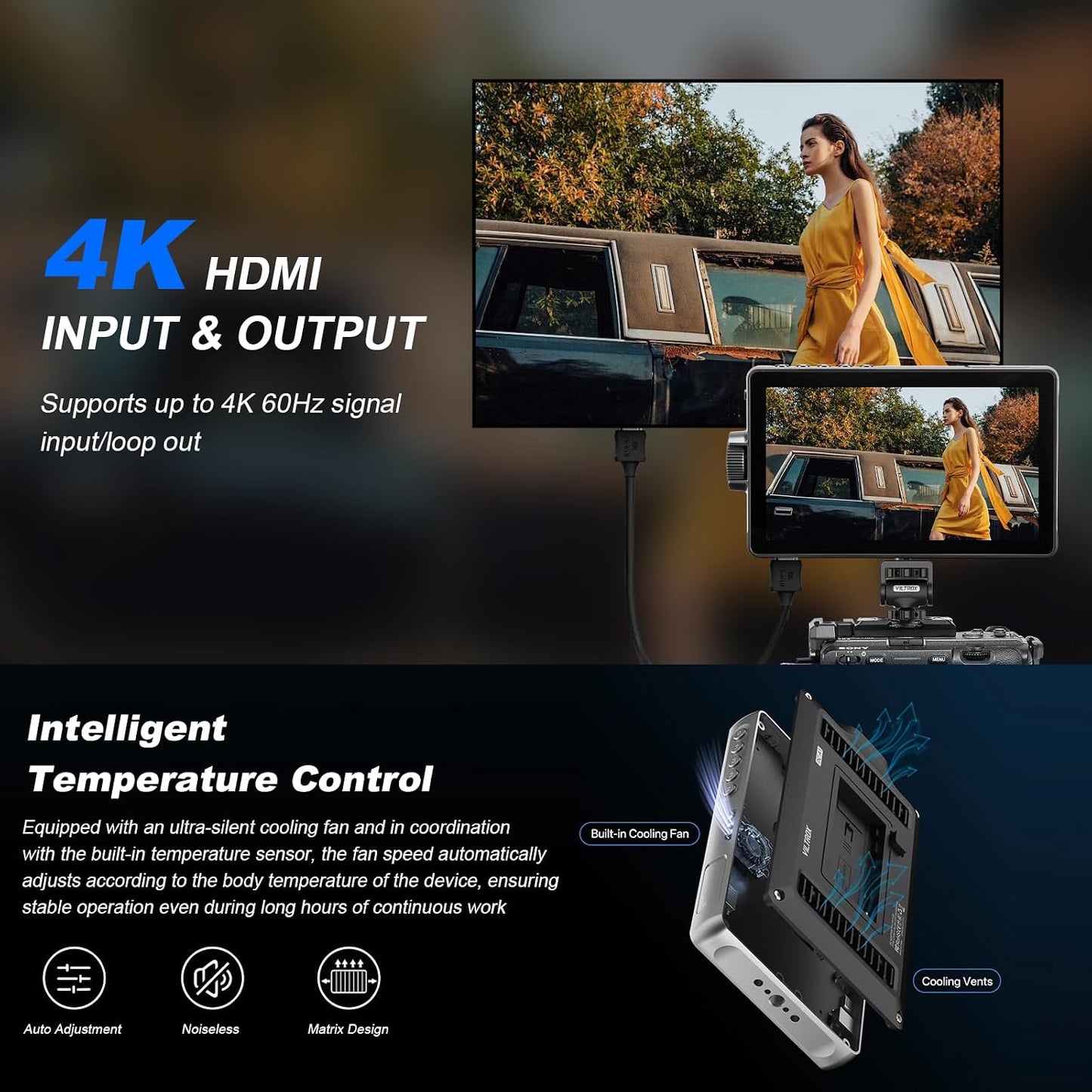 Monitor 7 pulg 4K 60Hz con pantalla táctil y capucha parasol