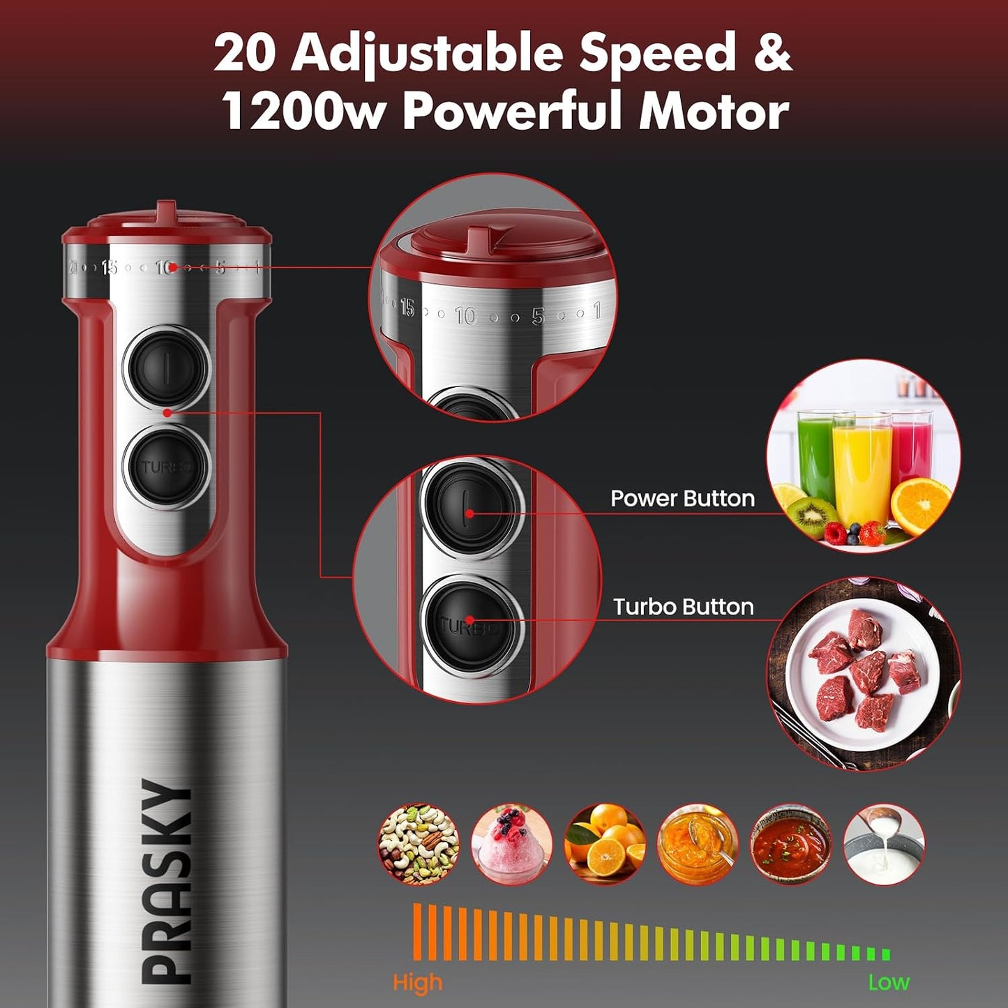 Batidora de inmersión 1200W 20 velocidades con vaso y accesorios