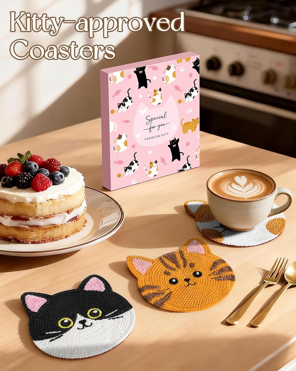 Posavasos tejidos con cara de gato, decoración creativa para mesa de café