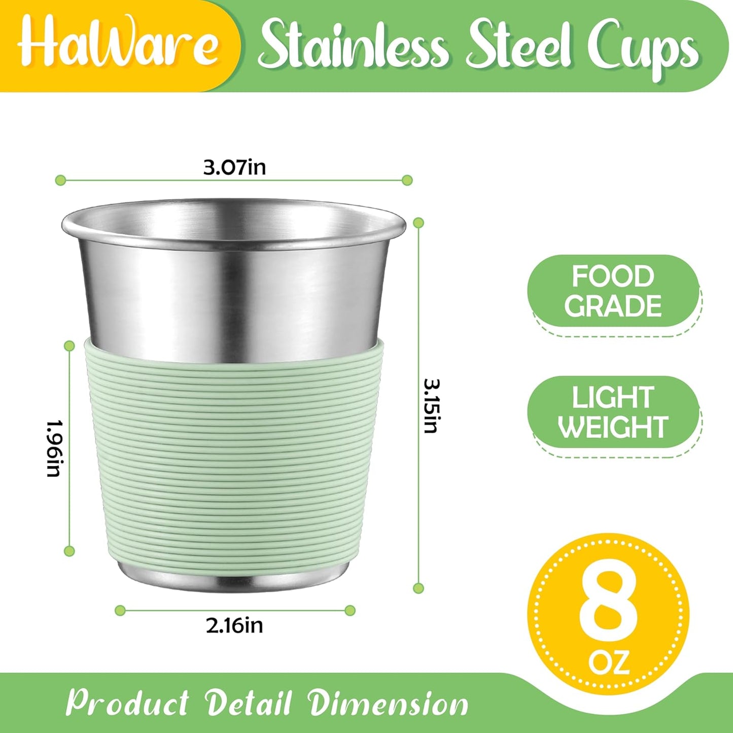 Vasos de acero inoxidable para niños con mangas de silicona, 8 oz, apilables y reutilizables