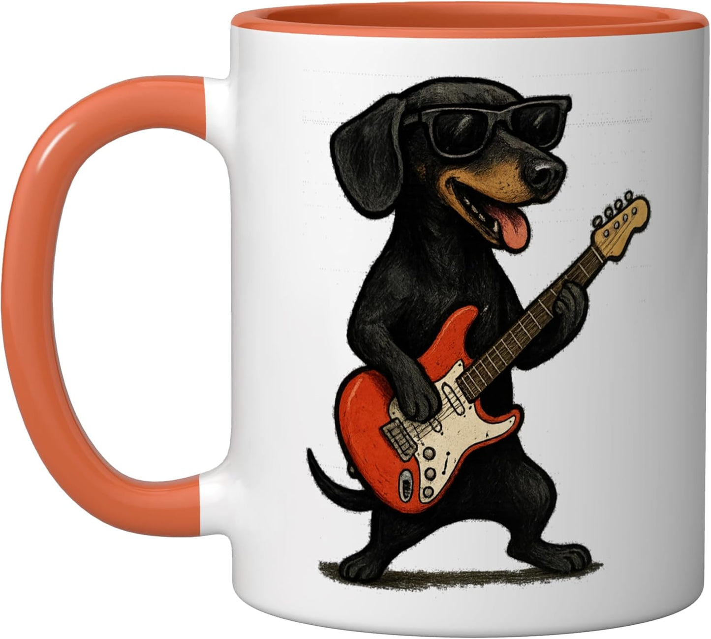 Taza Cerámica Guitarra Jugando Perro Experto Músico Naranja/Blanco