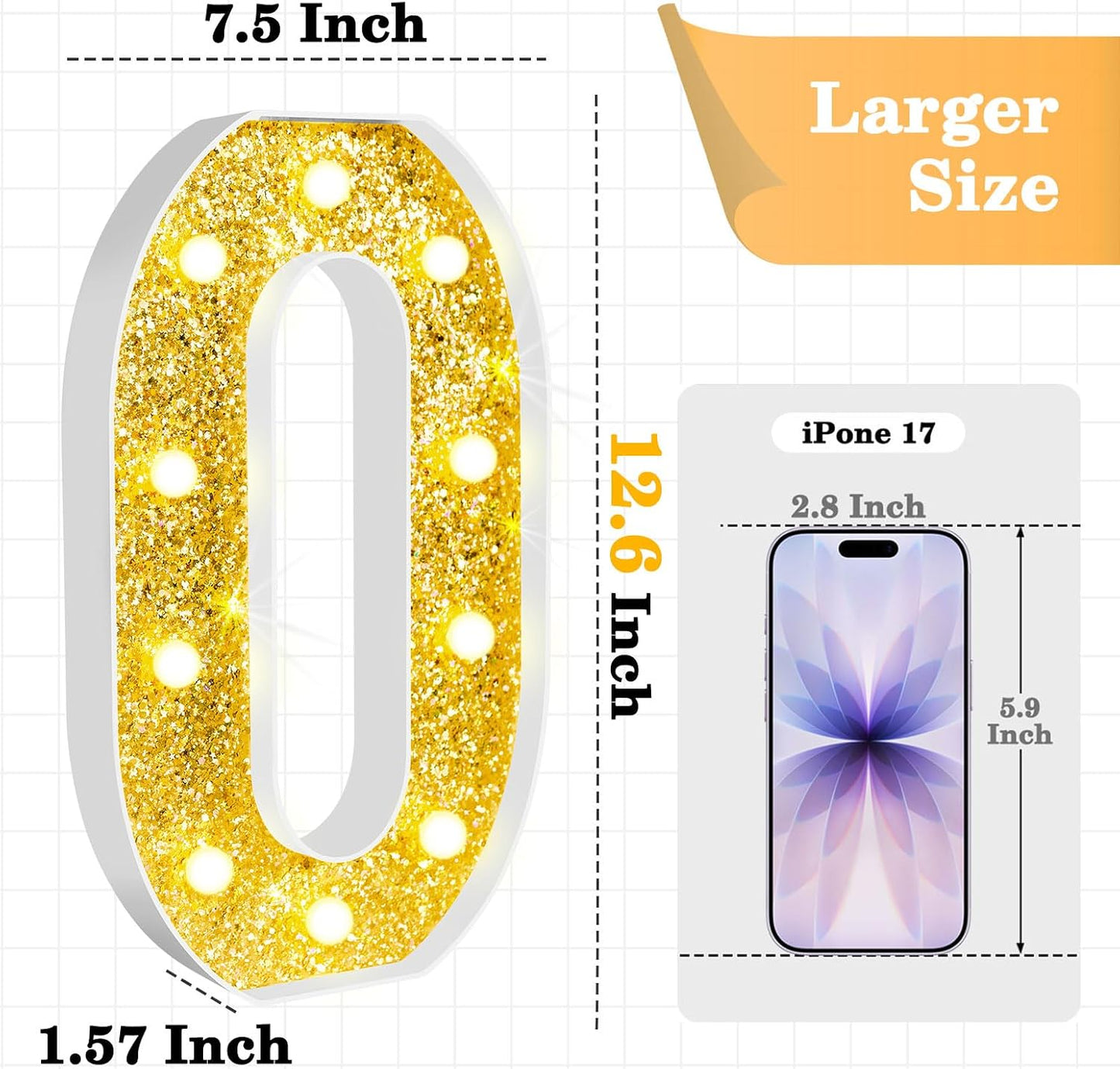 Números iluminados LED 12.6pulg marquesina dorada purpurina