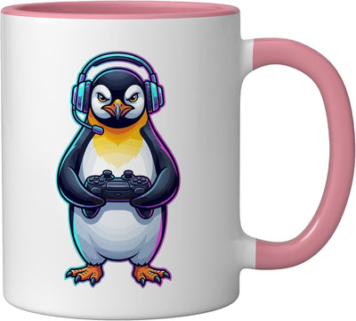 Taza de café para videojuegos Emperor Penguin con auriculares y controlador rosa/blanca