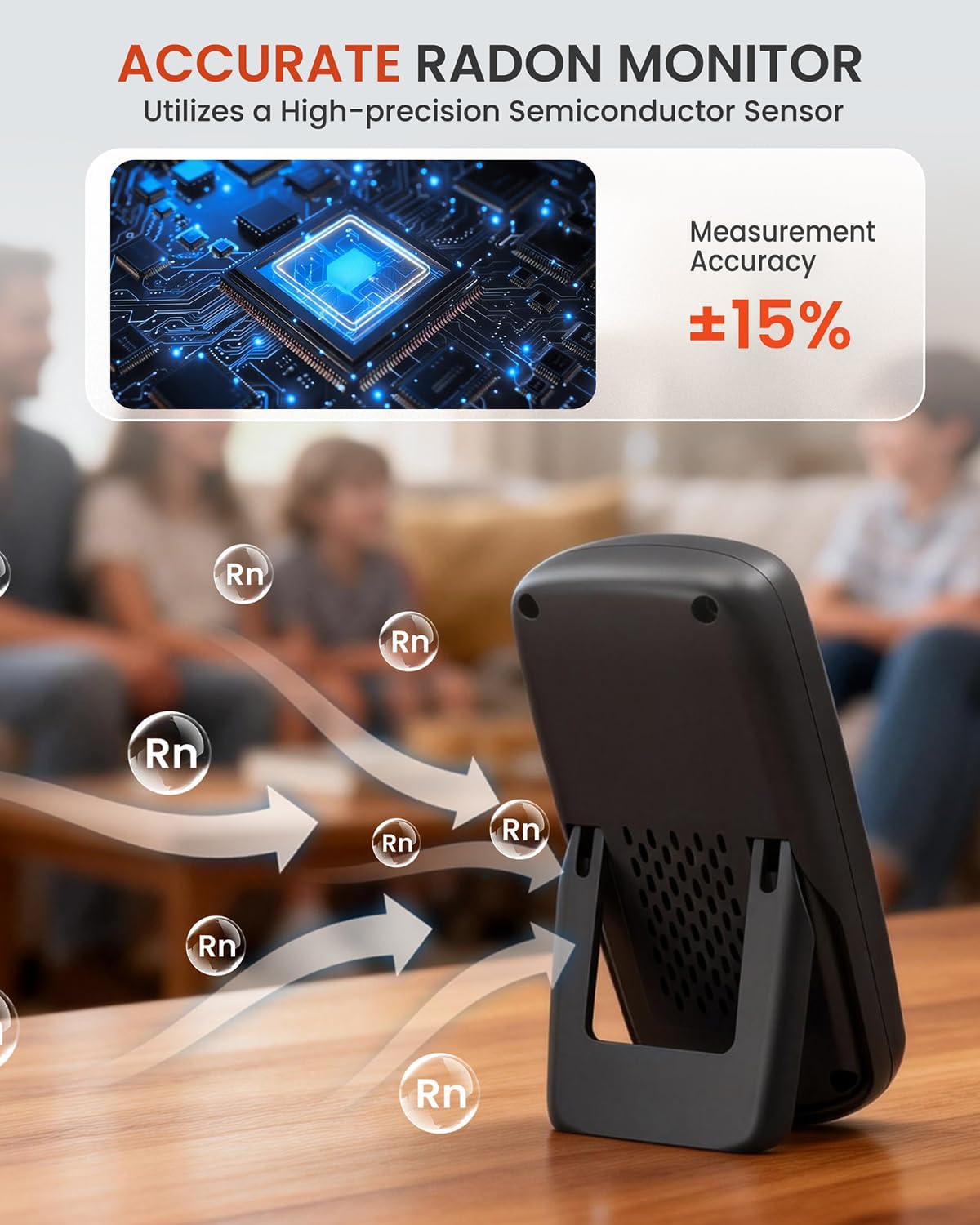 Detector radón hogar portátil pantalla TFT alarma USB-C