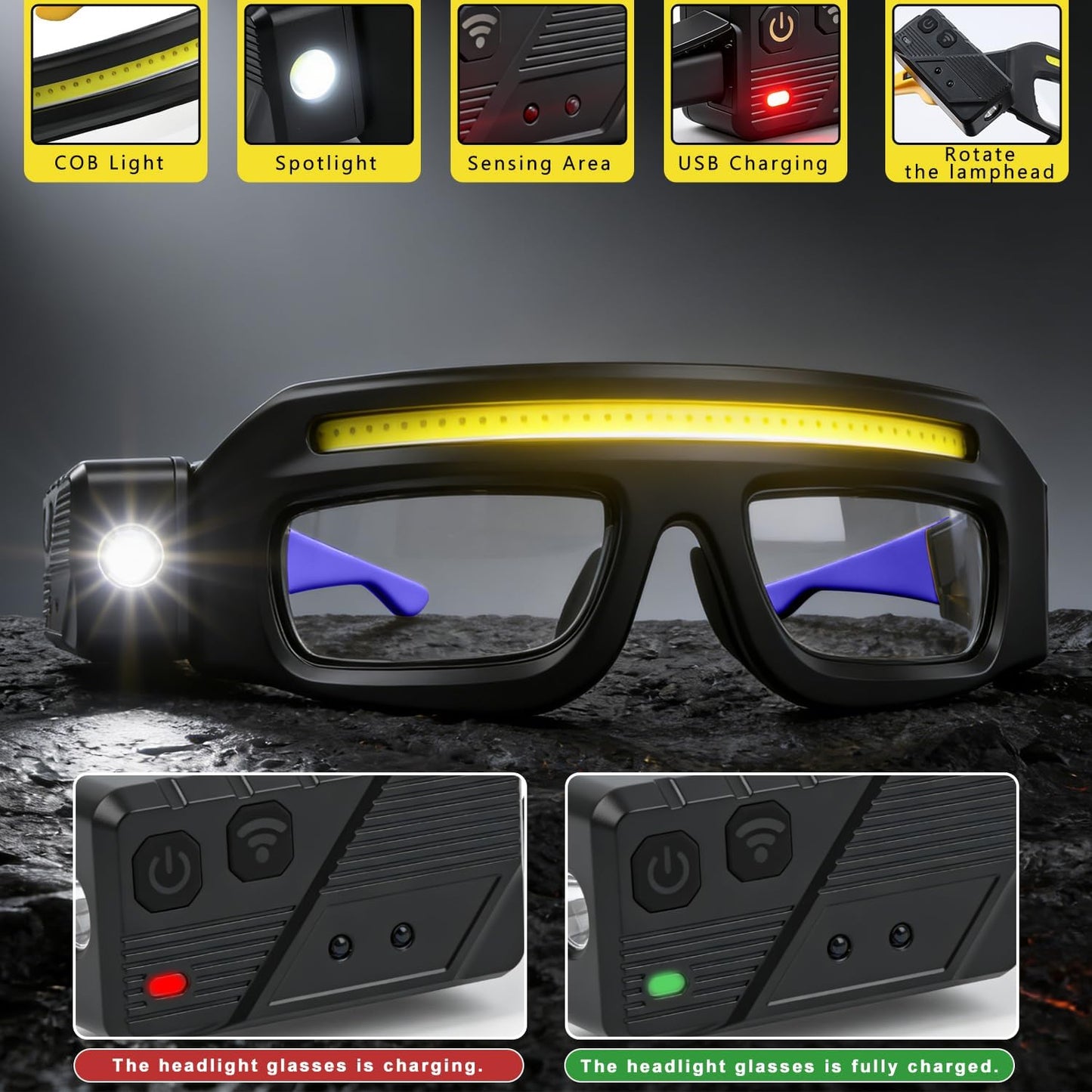 Gafas LED recargables con sensor tactil USB-C