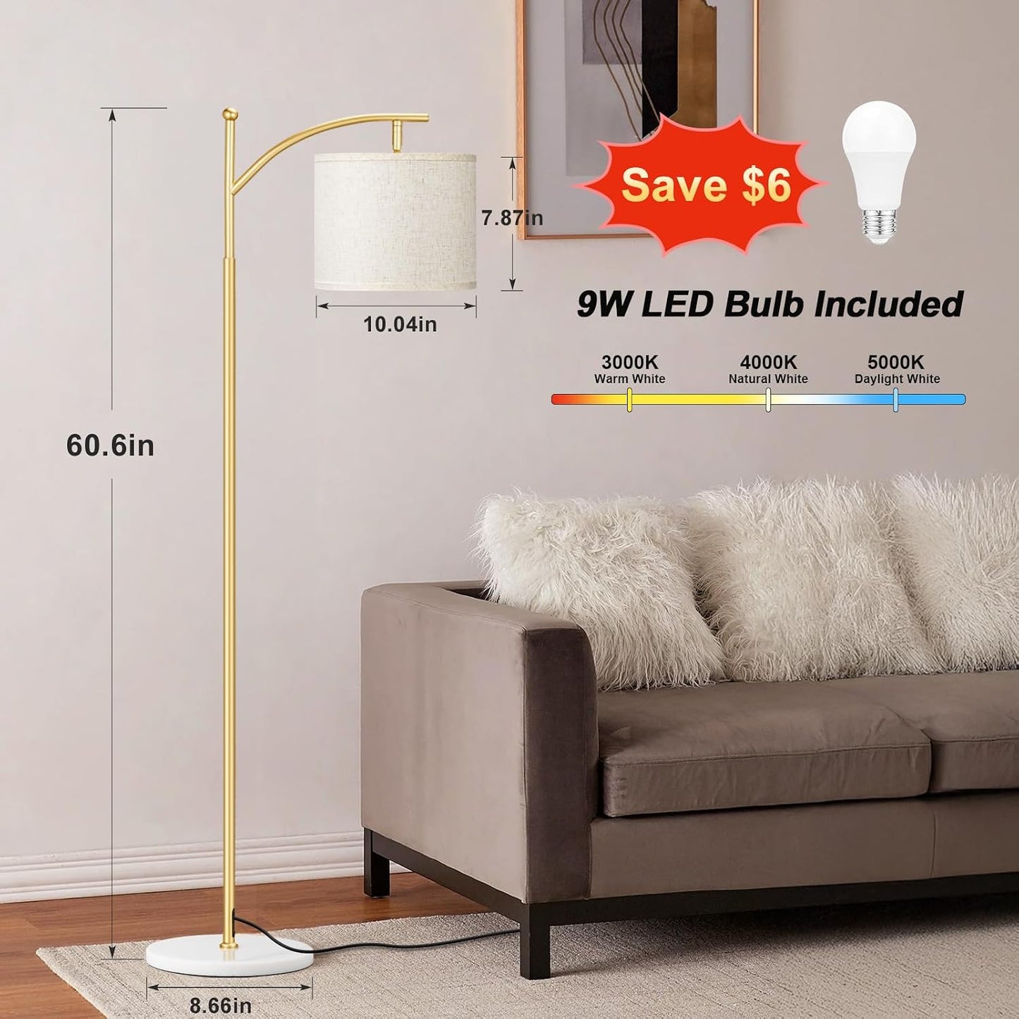 Lámpara pie 60pulg dorada base mármol blanco 3 temperaturas LED 9W