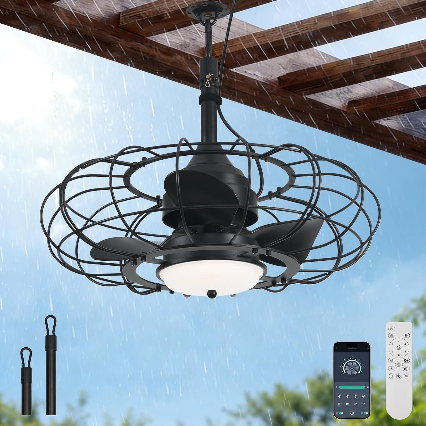 Ventilador techo exterior 20pulg luz 6 vel IP65 negro