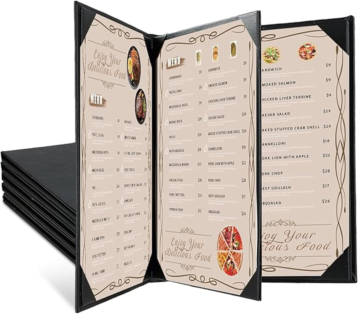 6 Fundas Menú 8.5x11pulg Cuero Sintético Negro Triple Pliegue