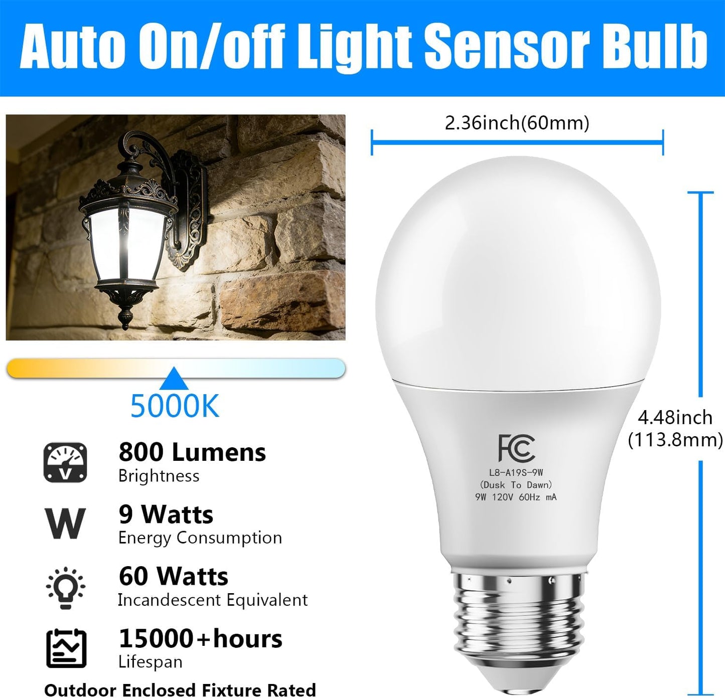Set 8 Bombillas A19 Exterior Sensor Luz Nocturna