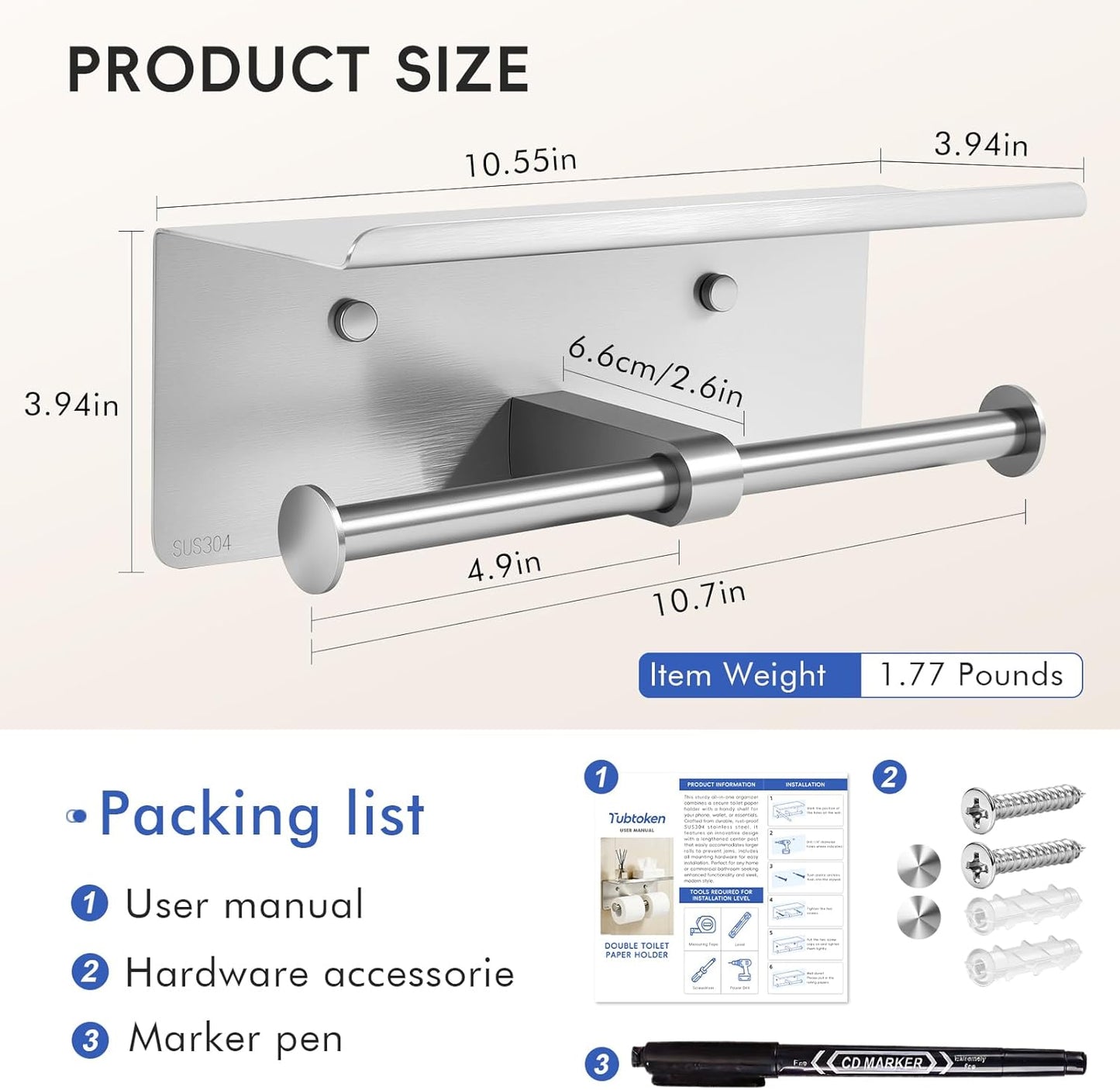 4 Soportes papel higiénico doble acero inox 304