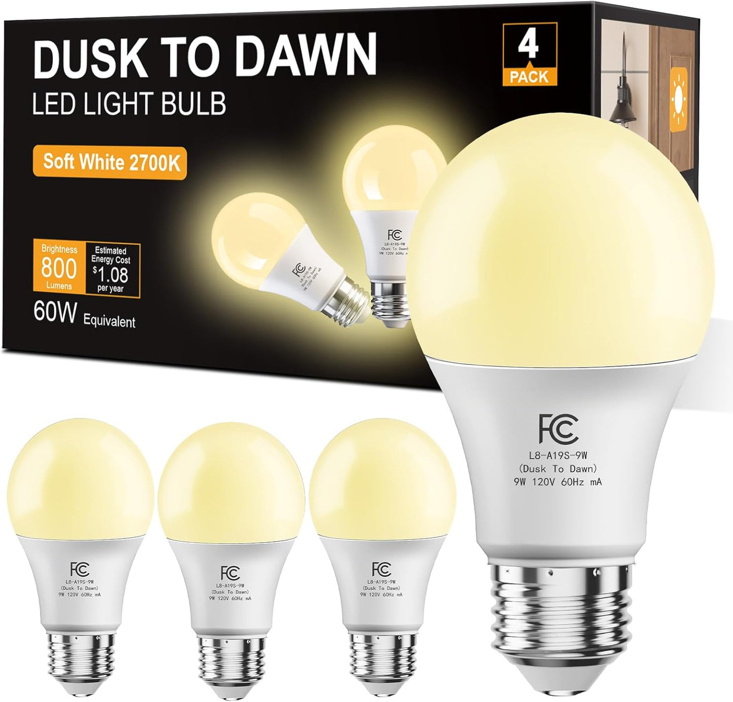 Pack 4 Bombillas A19 Exterior 9W Sensor Luz Automático