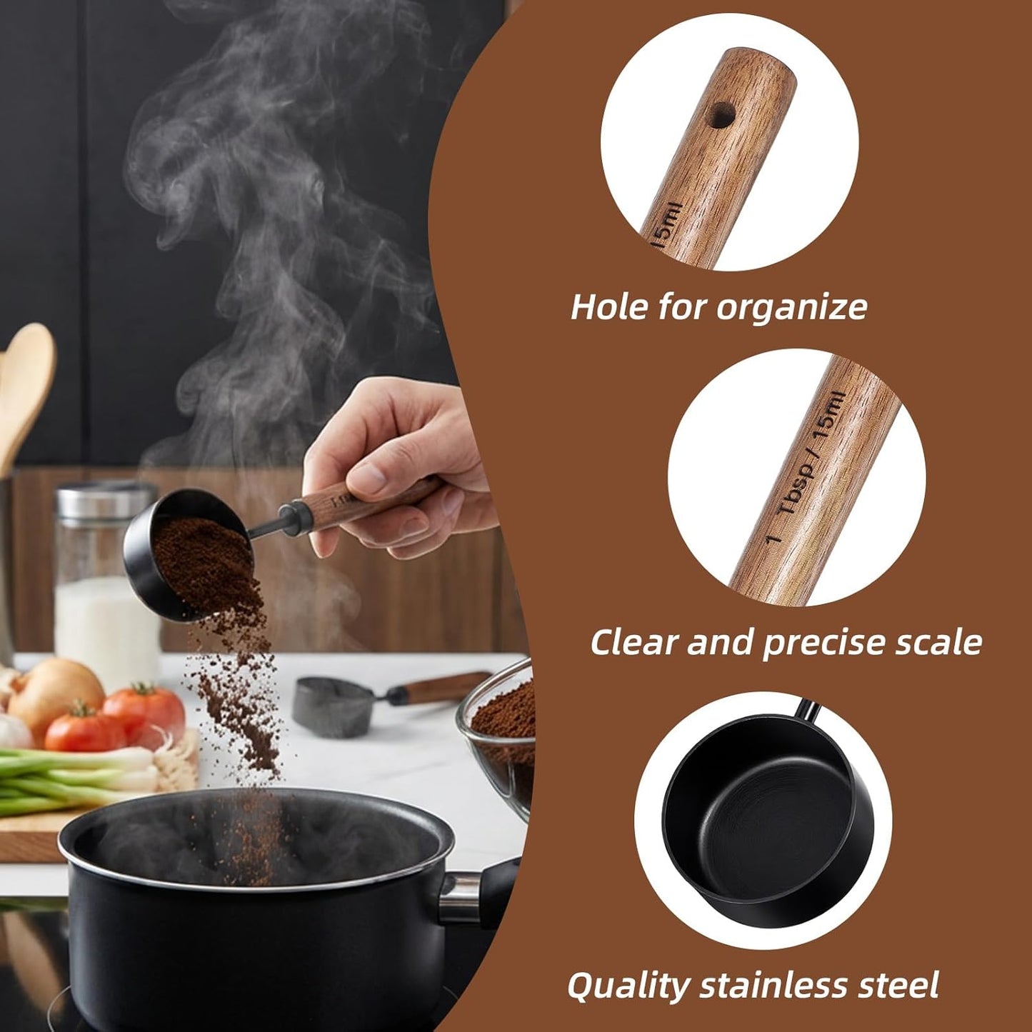 Cuchara medidora café acero inox mango nuez 0.5oz