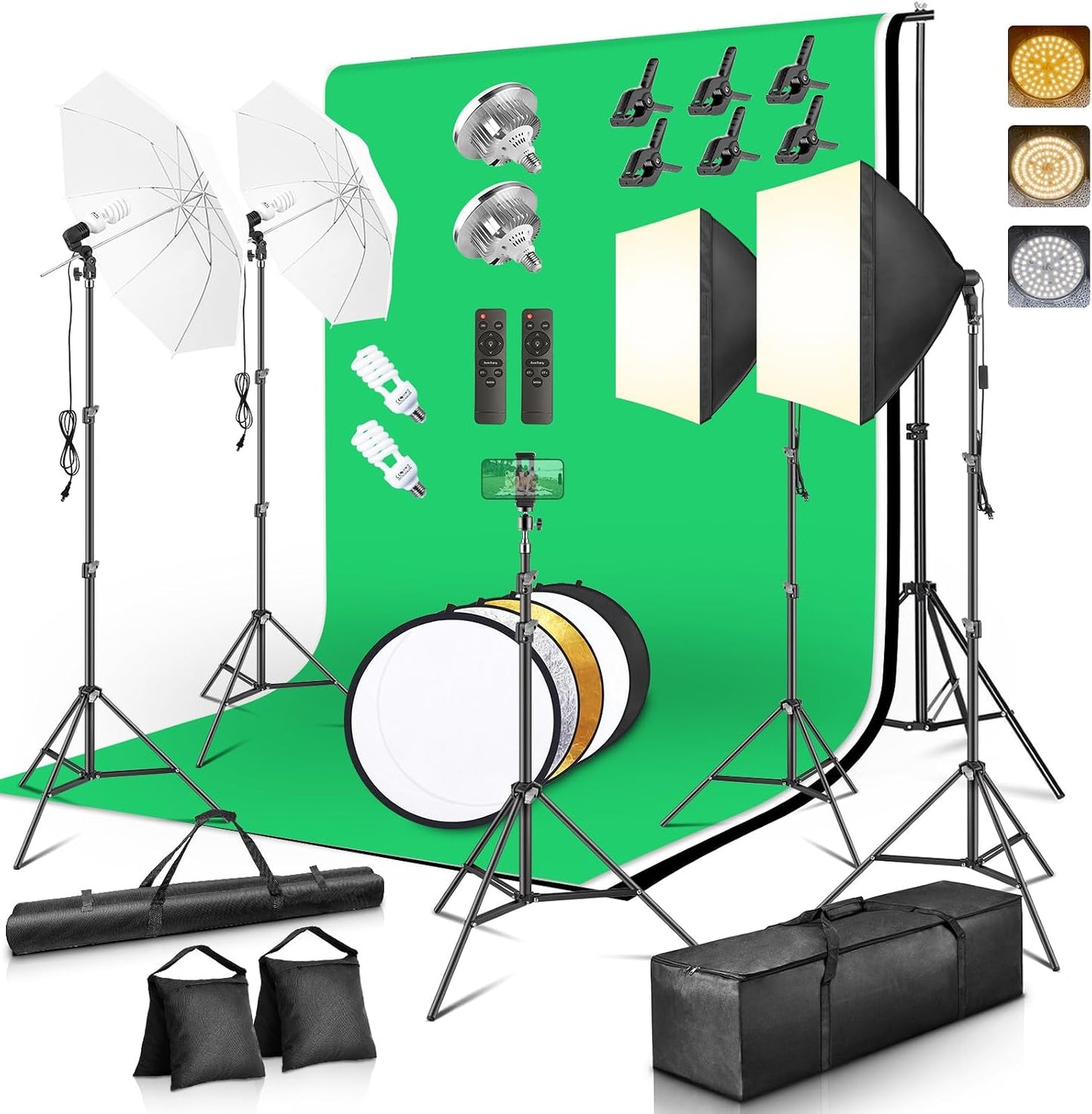 Kit iluminación estudio con telones 8.5x10pies LED y sombrillas