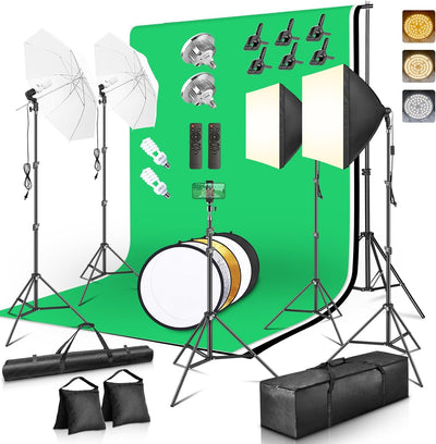 Kit iluminación estudio con telones 8.5x10pies LED y sombrillas