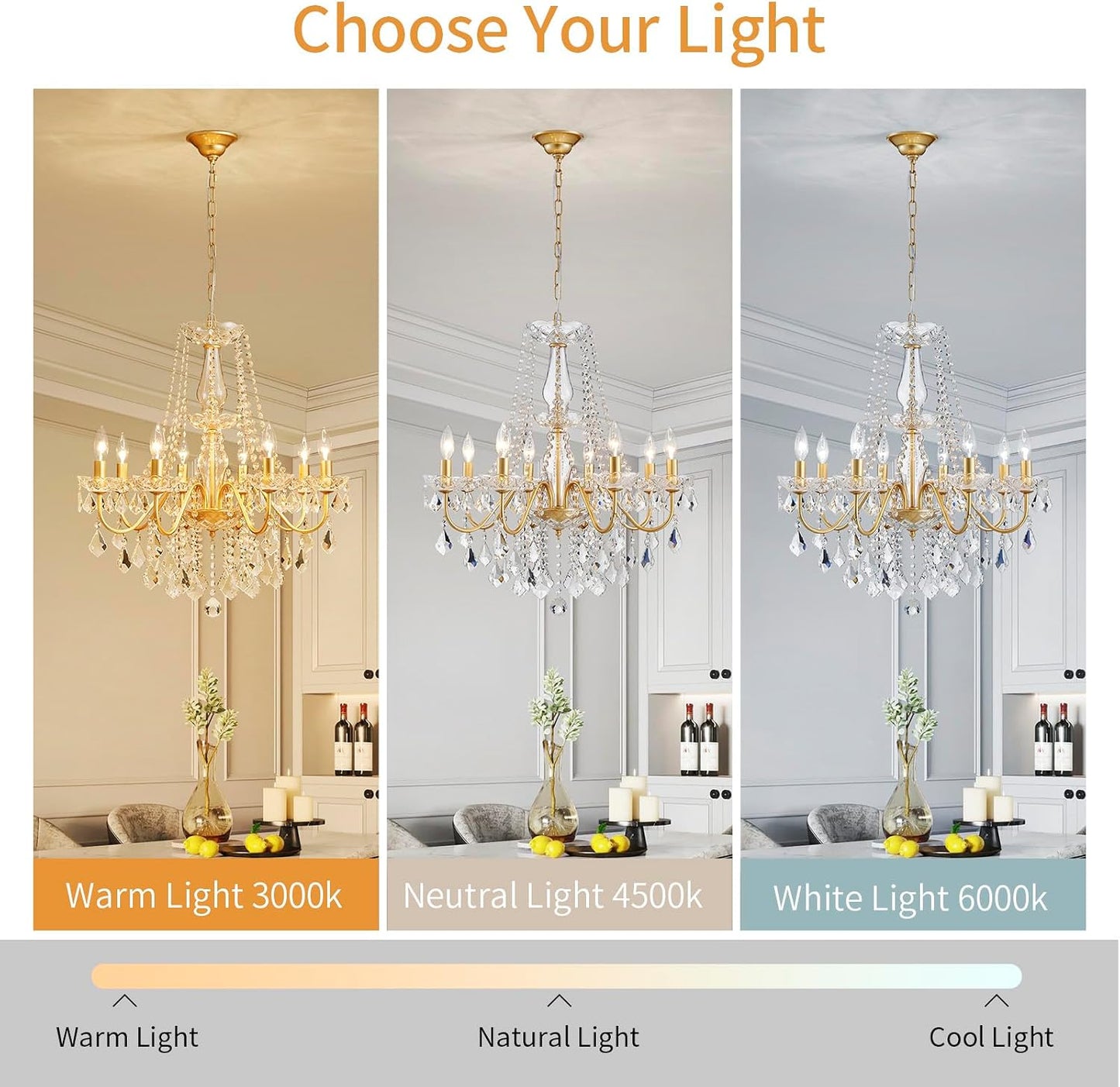 Candelabro cristal dorado 8 luces para comedor sala