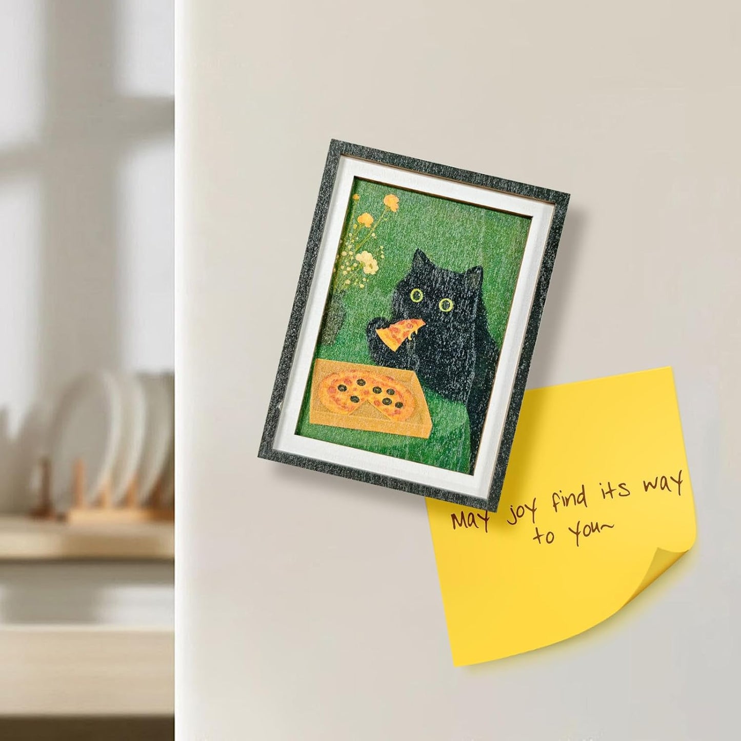 Imán de nevera de gato negro estilo vintage con diseño de pizza