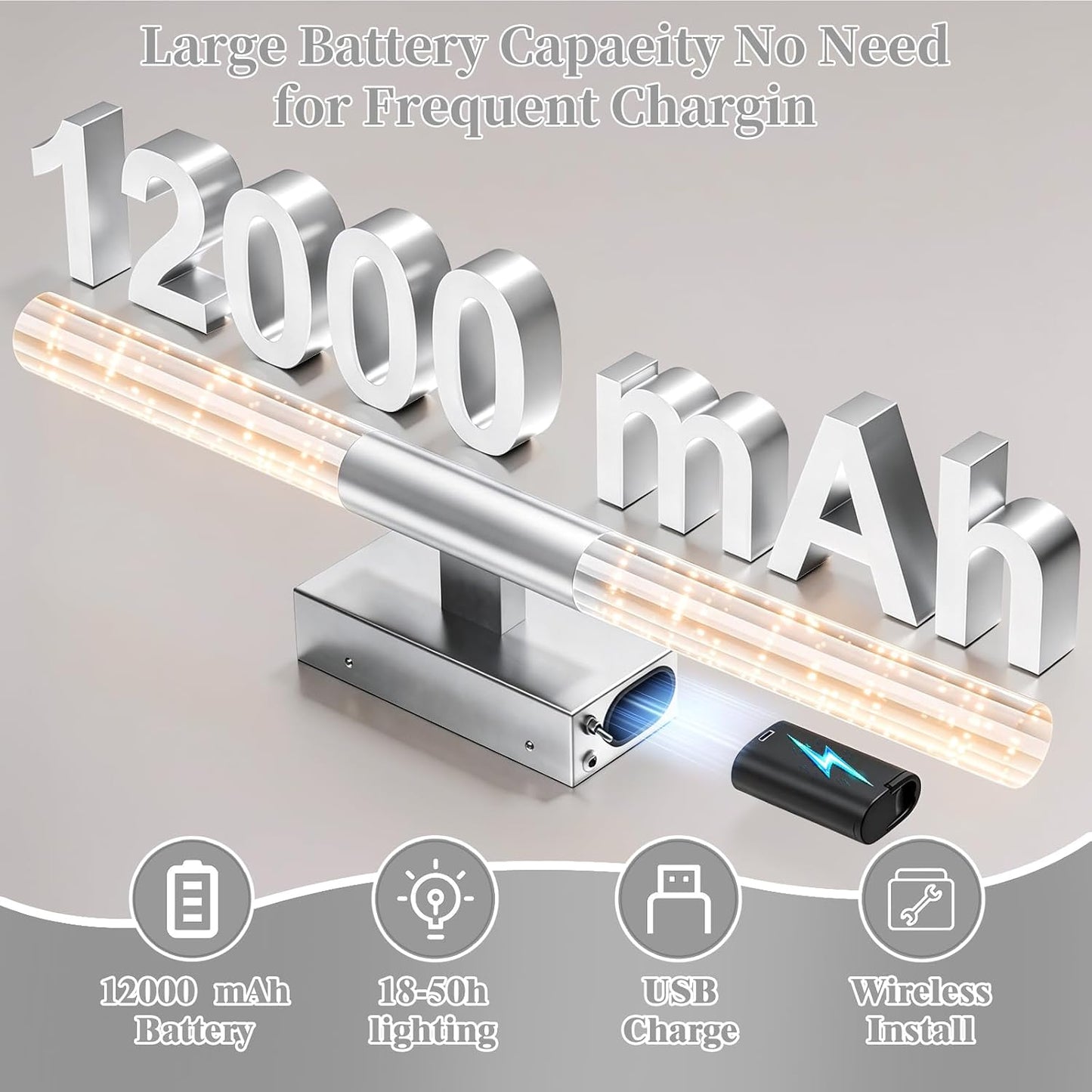 2 Apliques Pared Recargables 12000mAh Regulables Plateado 25.6pulg
