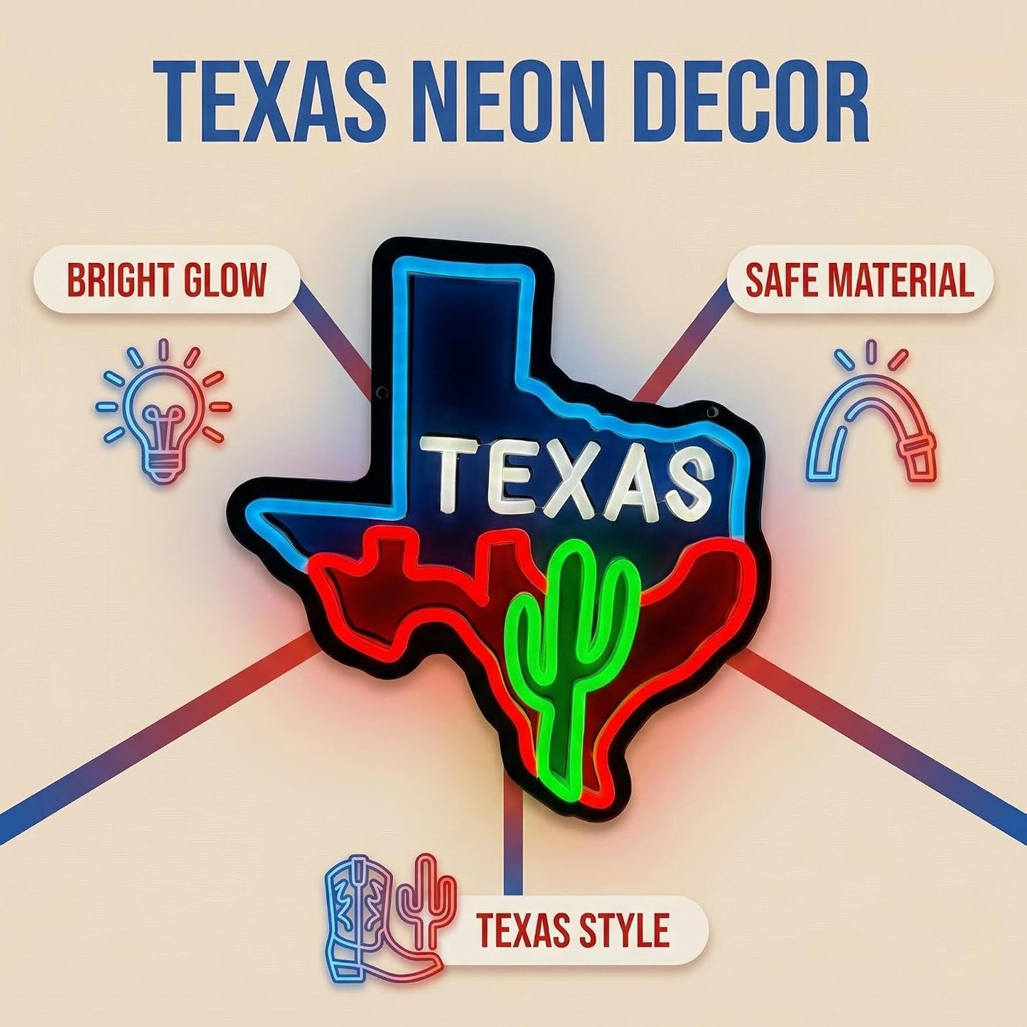 Letreros neón mapa Texas cactus para dormitorio bar