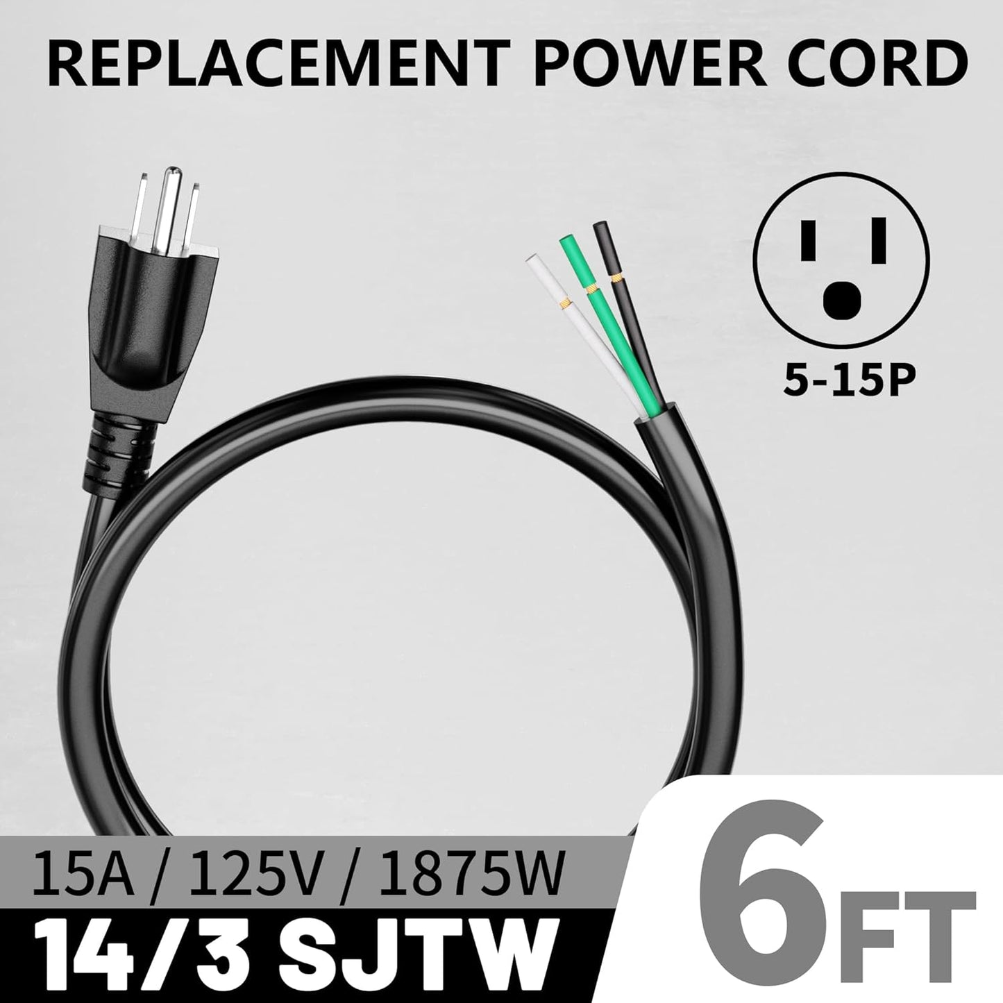 2 Cables 14/3 6pies Negro Repuesto NEMA 5-15P