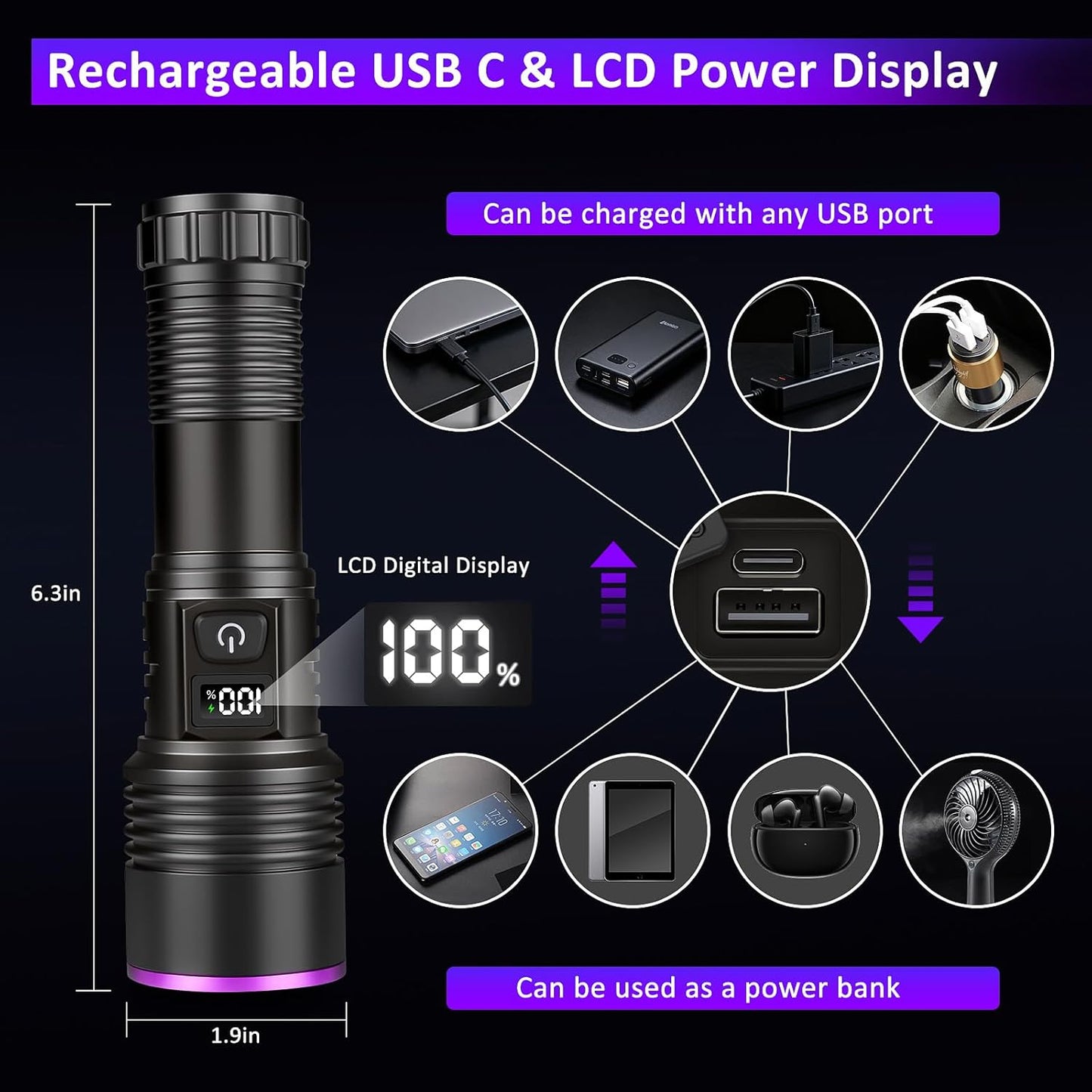 Linterna UV 365nm recargable para detección orina mascotas y resina