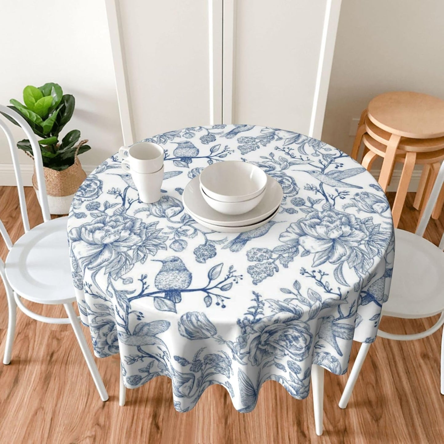Mantel redondo vintage azul marino 70 pulgadas diseño pájaro floral chinoiserie poliéster