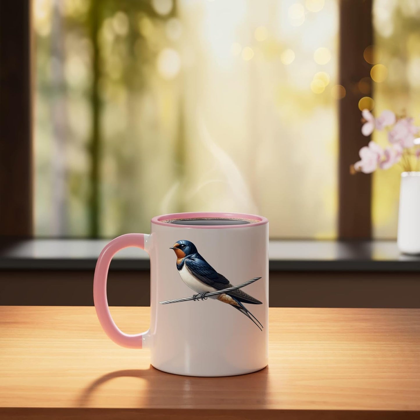 Taza Cerámica Bird Series Barn Swallow Rosa/Blanco