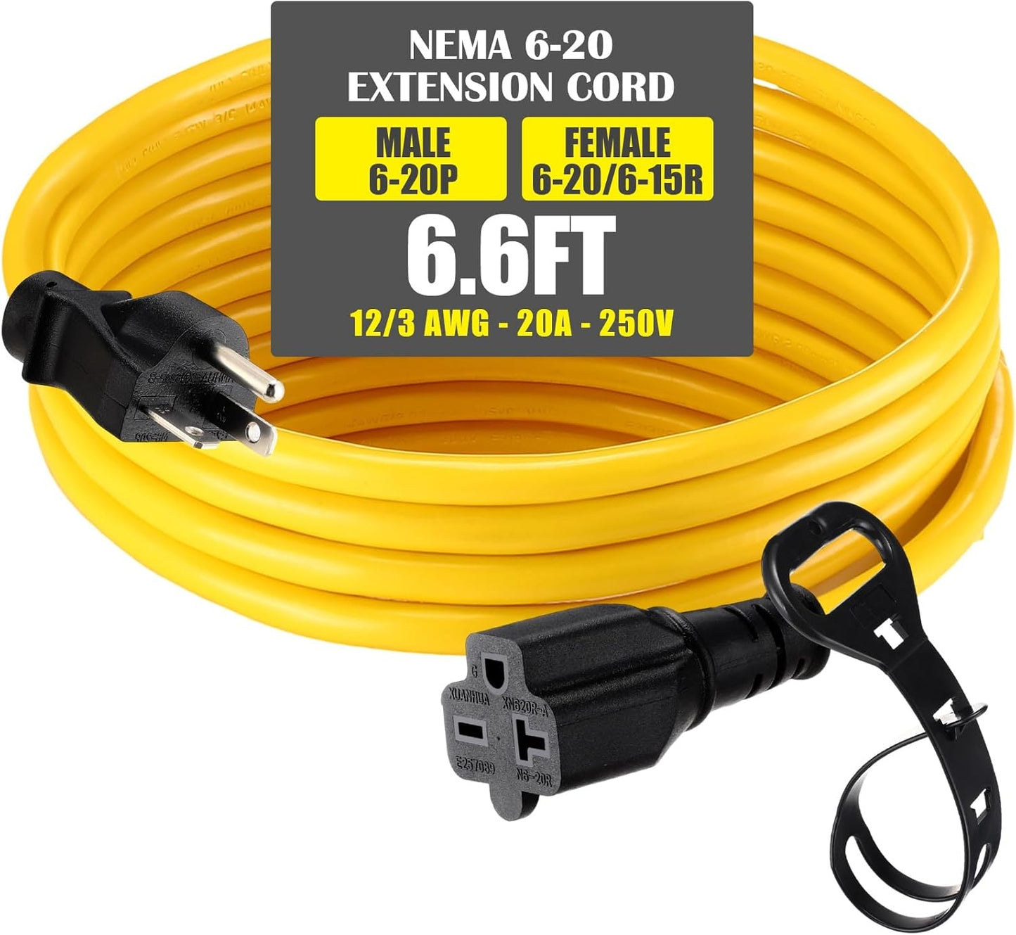 Cable extensión Nema 6-20 6.6 pies macho a hembra 20A