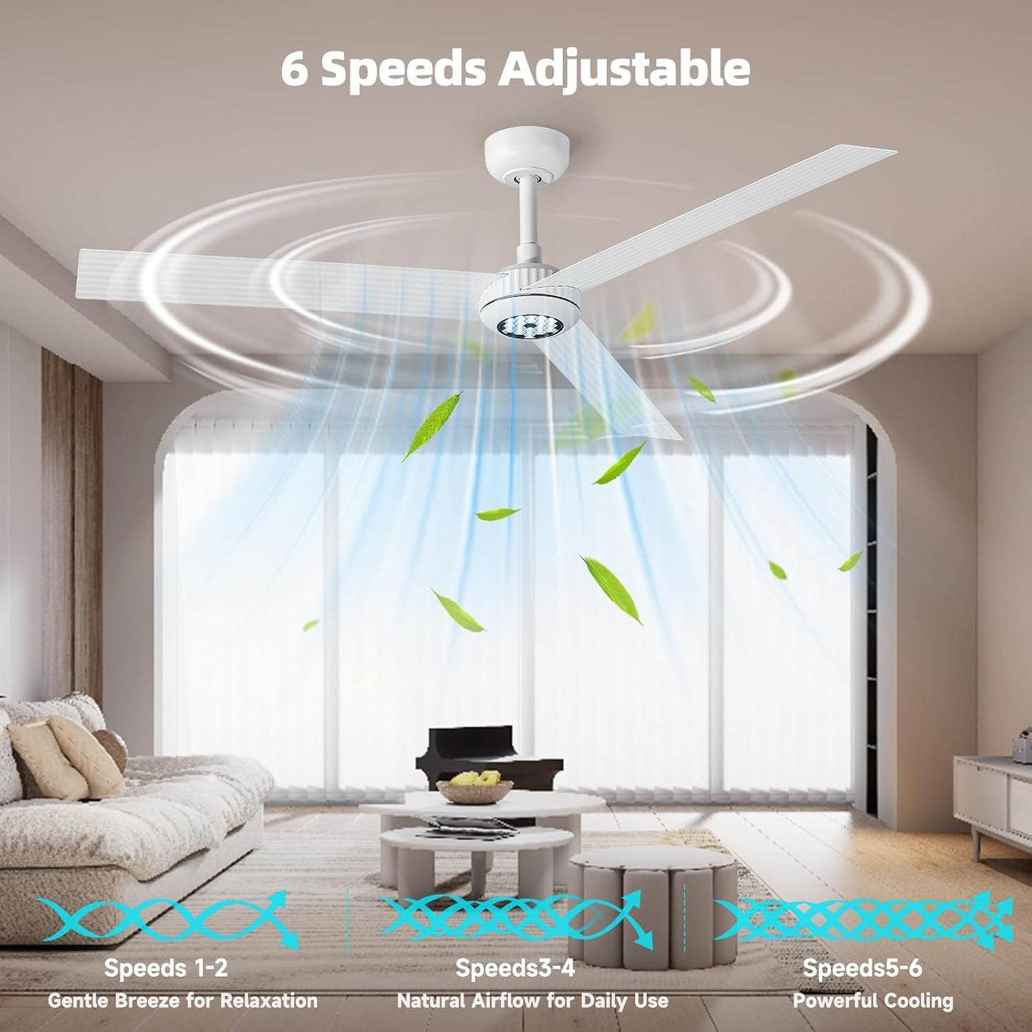 Ventilador techo luces motor CC reversible 6 vel blanc