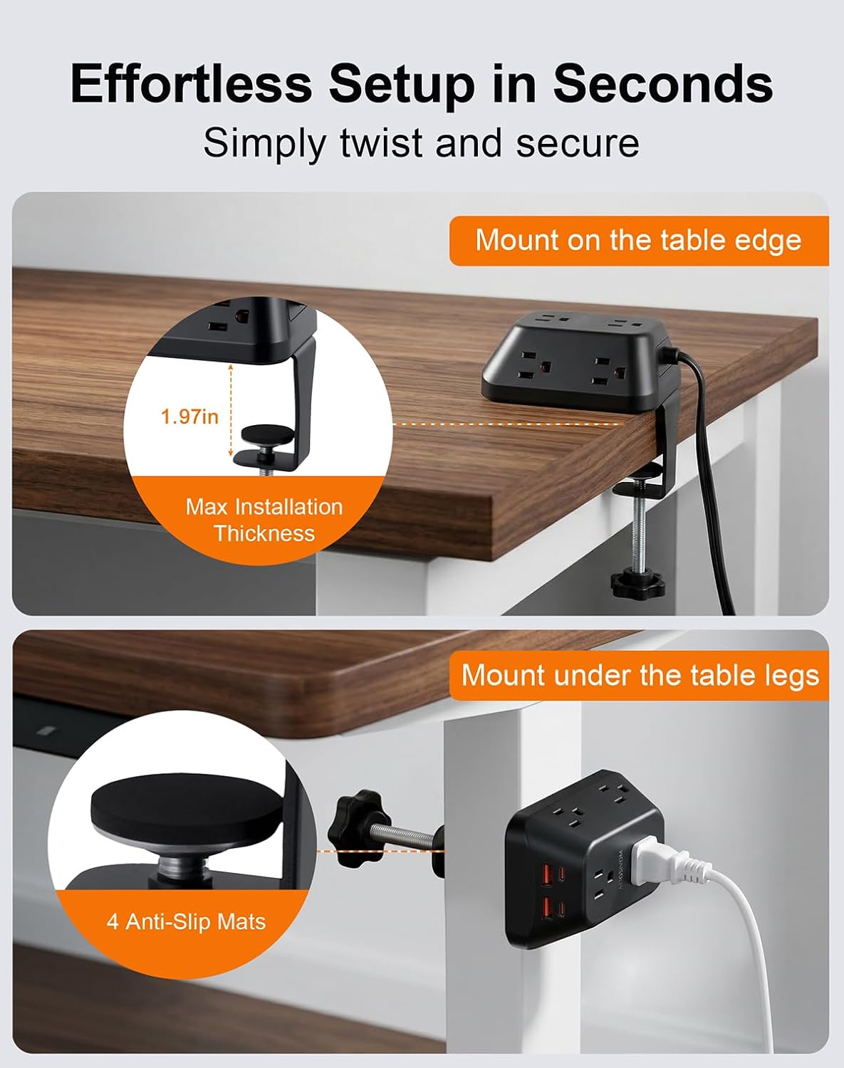 Regleta alimentación escritorio 6 salidas CA 4 USB con abrazadera