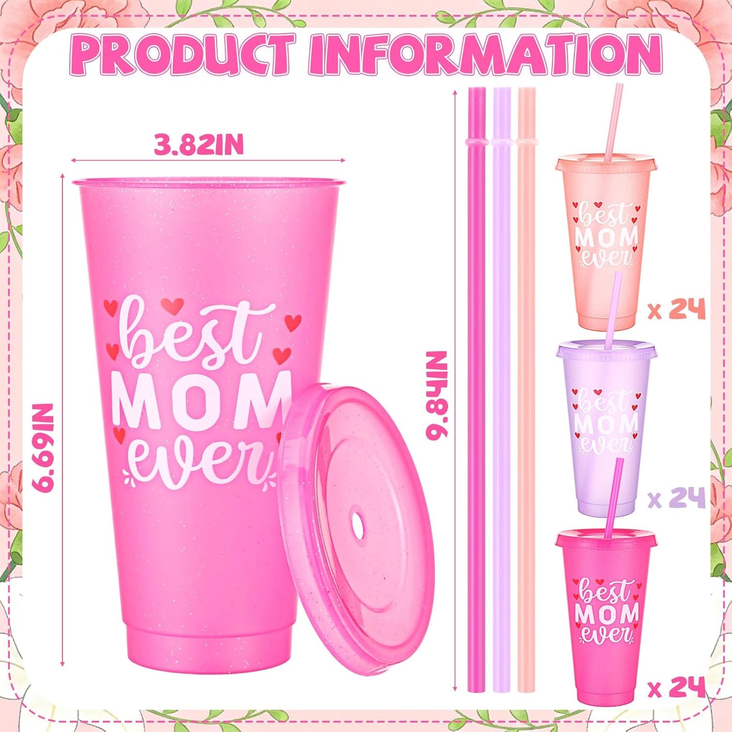 72 Tazas Regalo Mamá 24oz Reutilizables Plástico Pajita Tapas