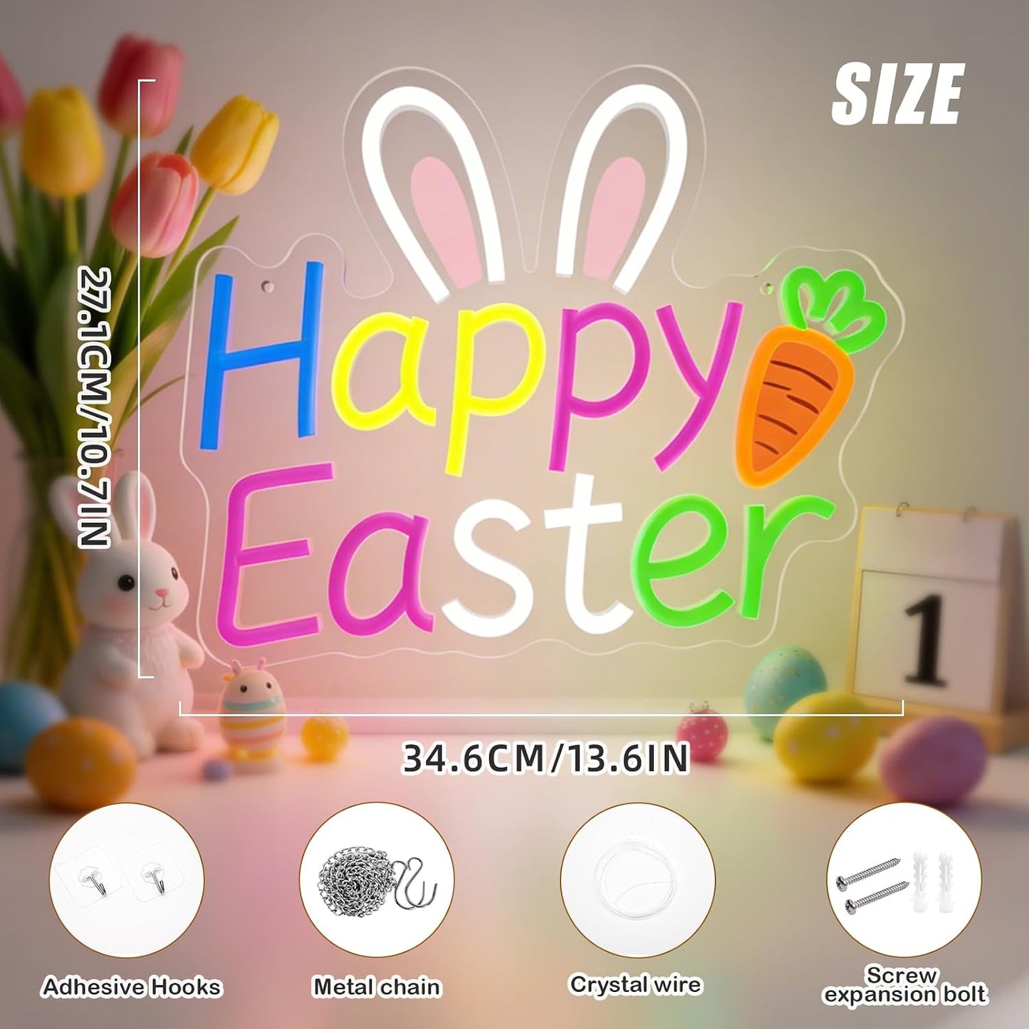 Letrero neón Happy Easter con luces LED USB para decoración
