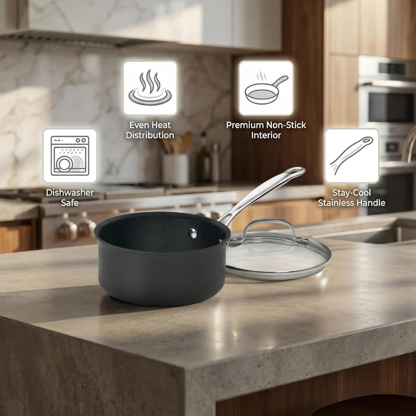 Sartén acero inox con tapa 1.5qt negra set 2