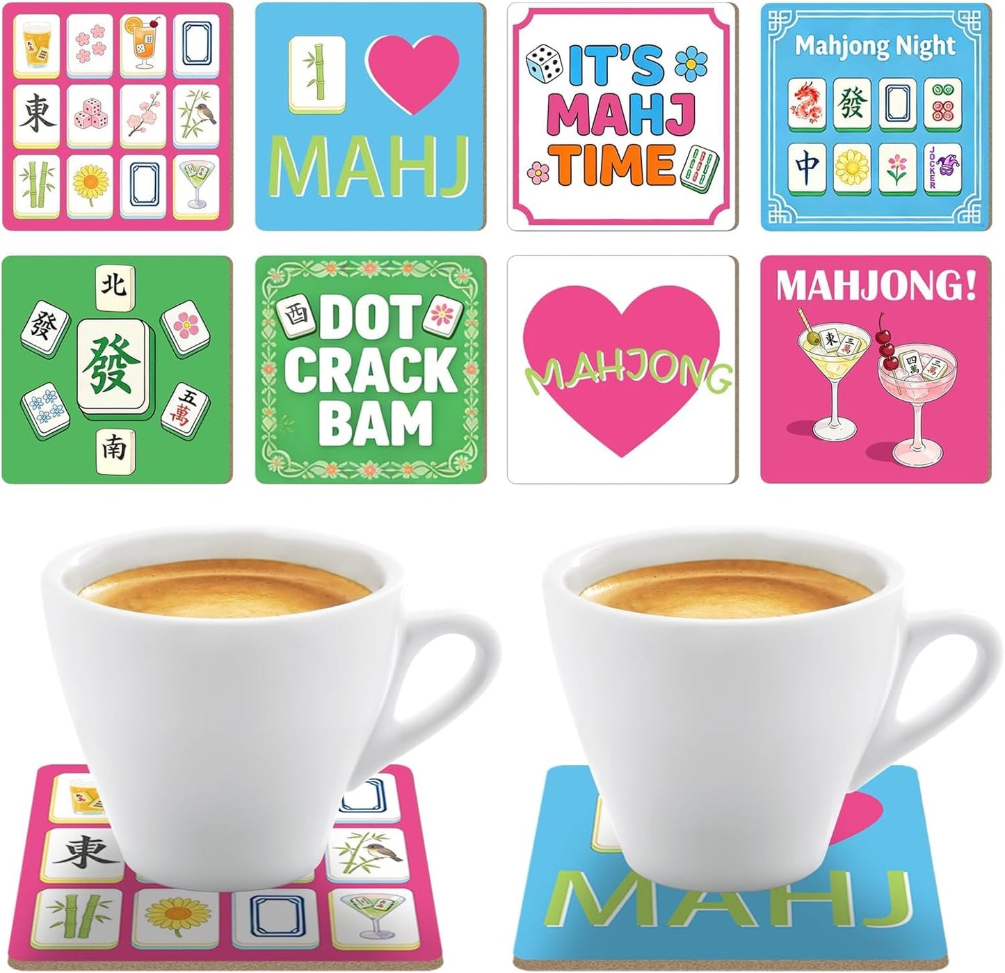 Set de 8 cojinetes de madera para bebidas con motivos mahjong