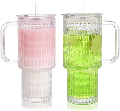 Vaso Vidrio Asa Tapa Pajita 26oz Capacidad Grande Irrompible