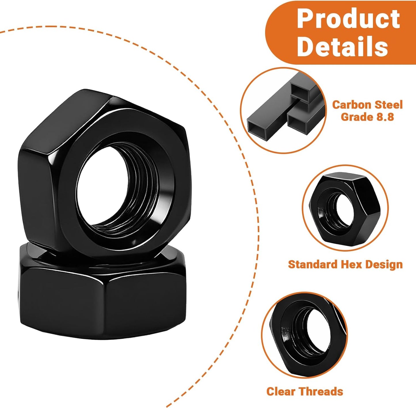 100 Tuercas Hex M6 Grado 8.8 Acero Carbono Negro
