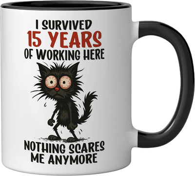 Taza de cerámica para aniversario laboral 15 años negro/blanco